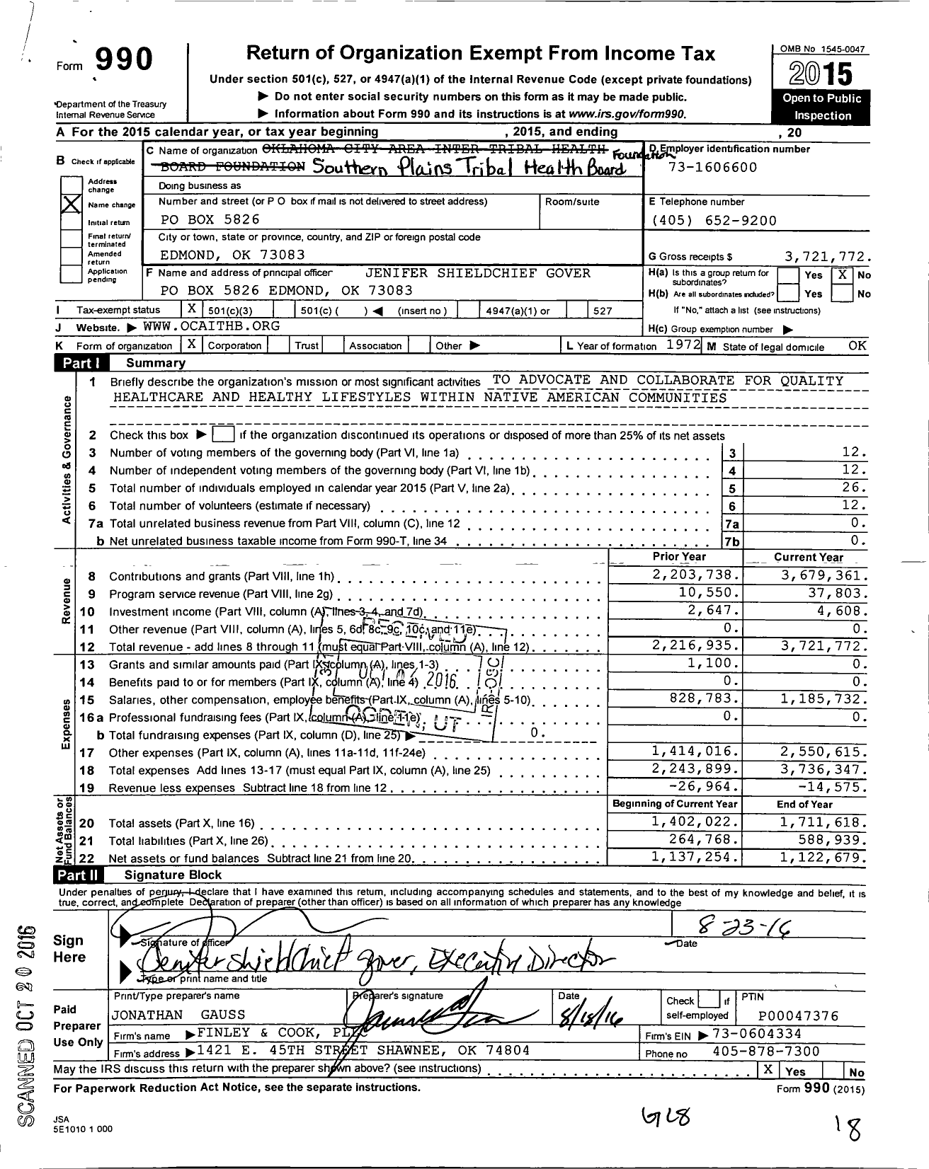 Image of first page of 2015 Form 990 for Southern Plains Tribal Health Board Foundation