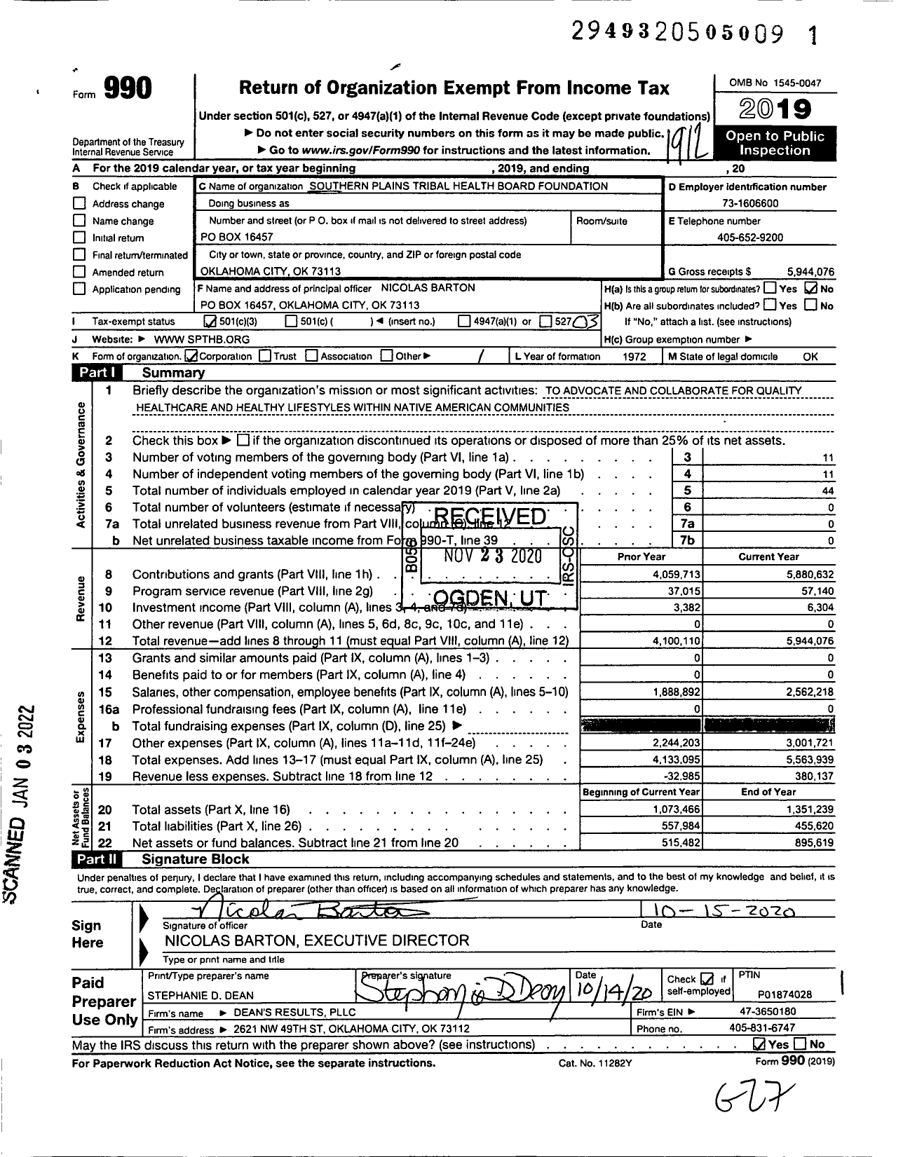 Image of first page of 2019 Form 990 for Southern Plains Tribal Health Board Foundation