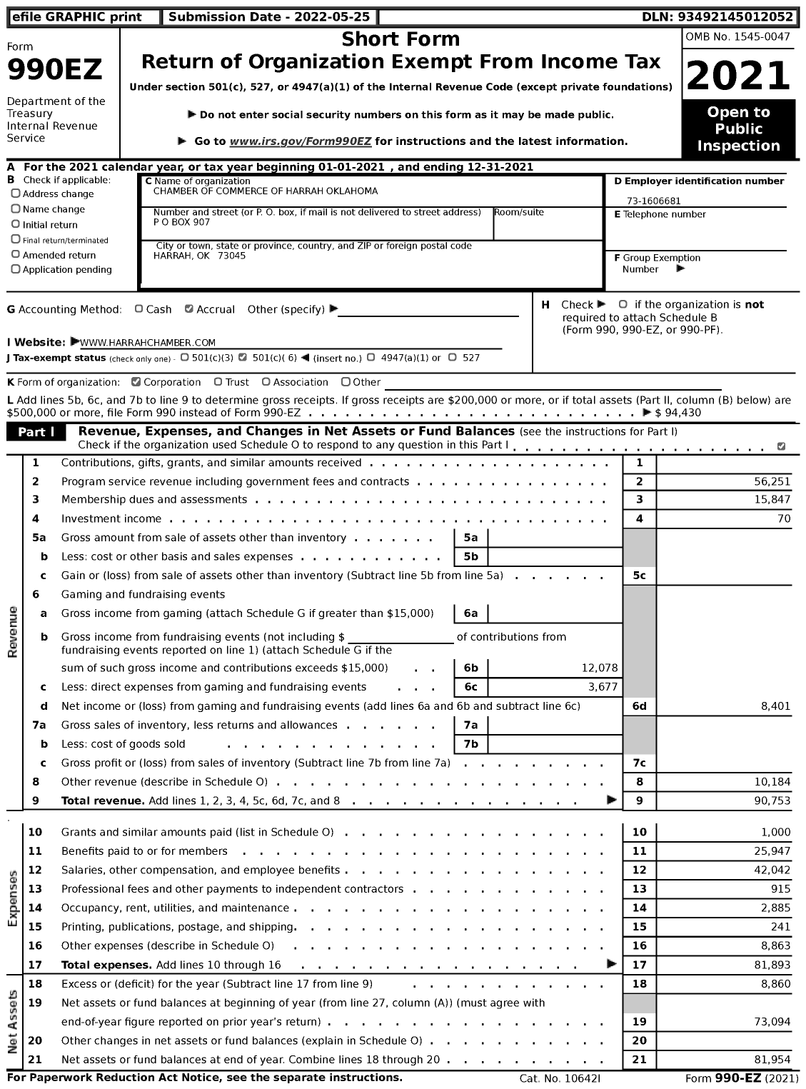 Image of first page of 2021 Form 990EZ for Chamber of Commerce of Harrah Oklahoma