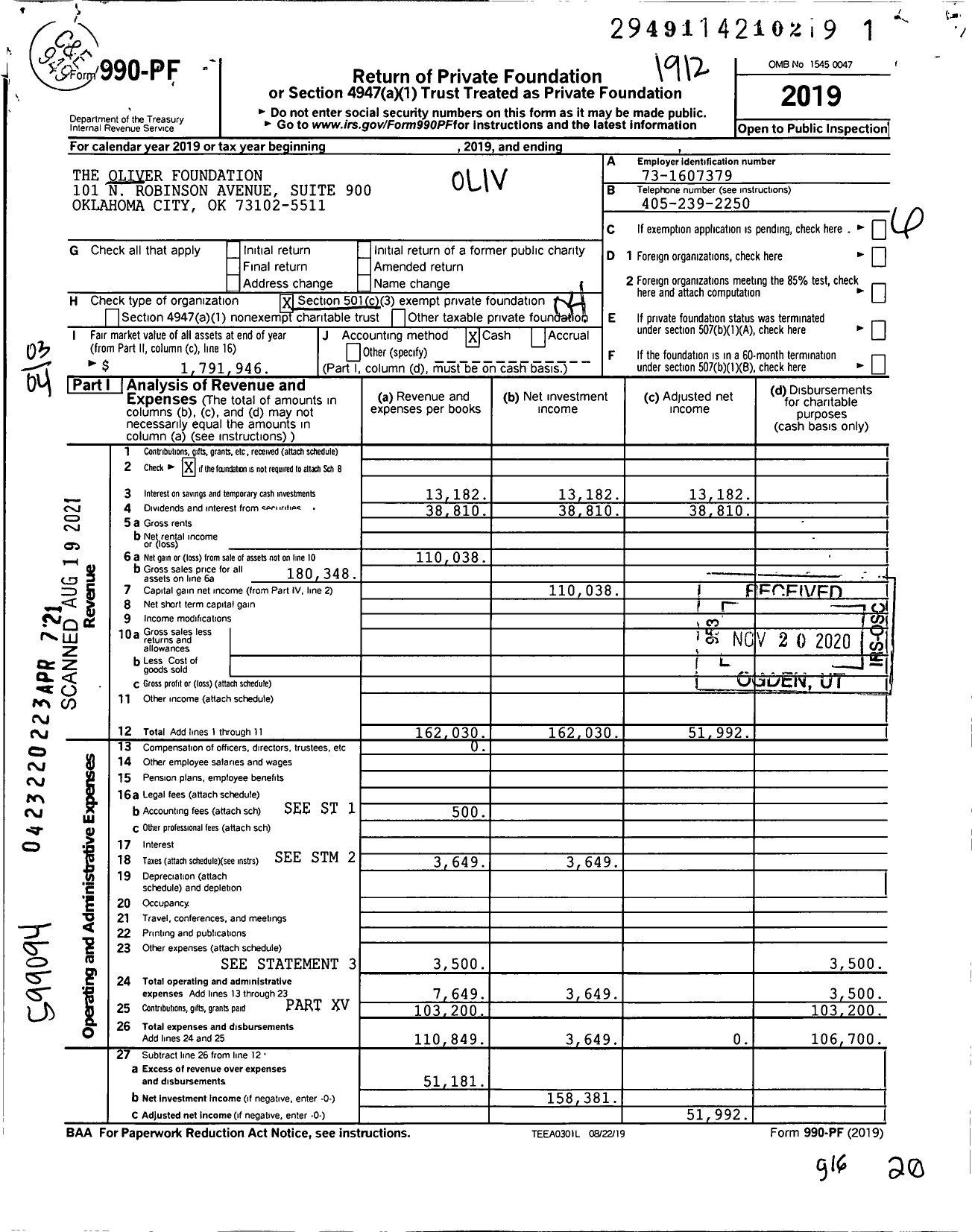 Image of first page of 2019 Form 990PF for The Oliver Foundation