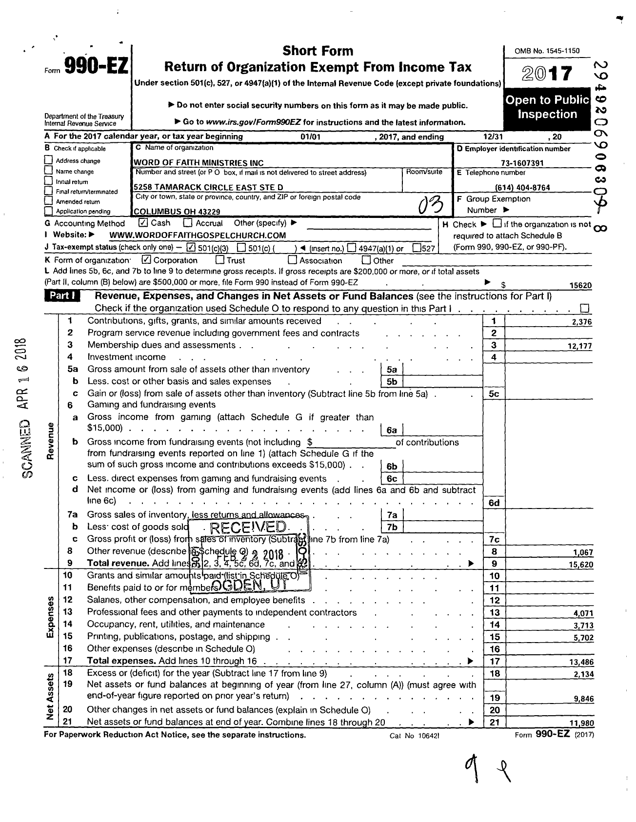 Image of first page of 2017 Form 990EZ for Word of Faith - 576391 MC