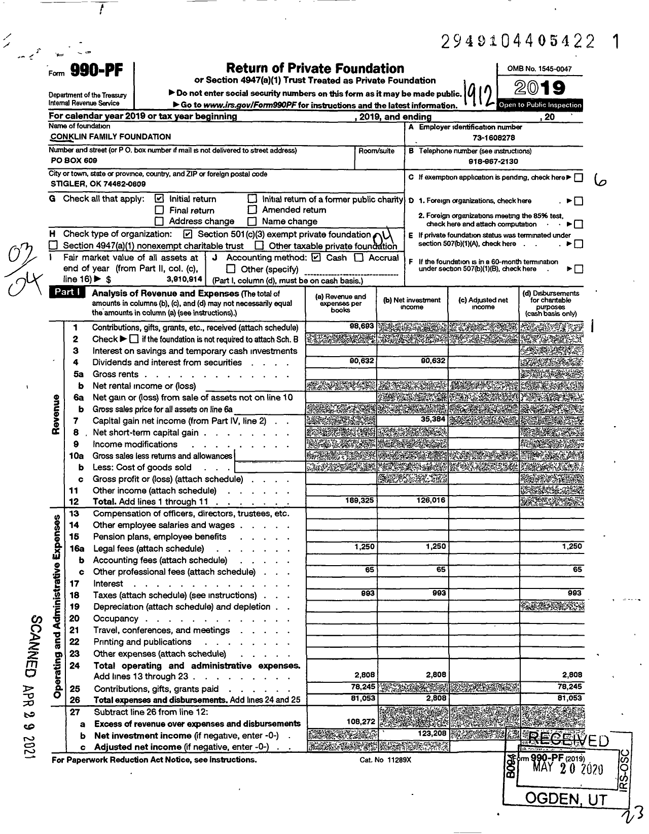 Image of first page of 2019 Form 990PF for Conklin Family Foundation