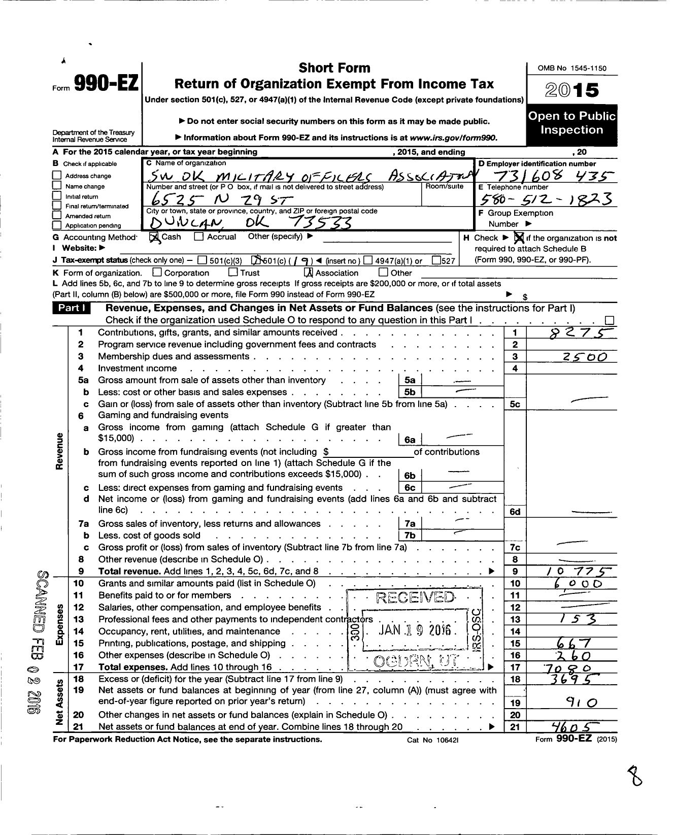 Image of first page of 2015 Form 990EO for Southwest Oklahoma Chapter Military Officers Association of America