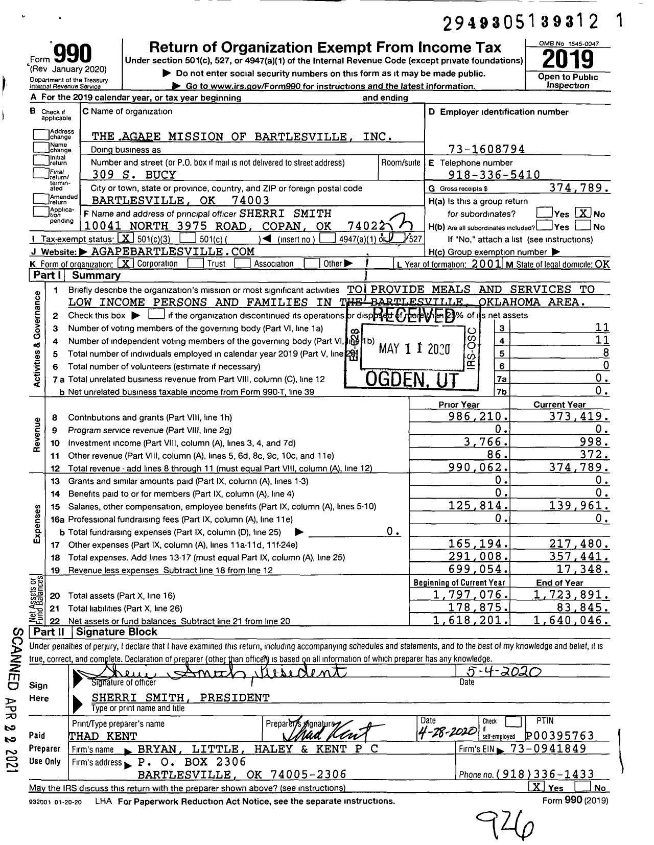 Image of first page of 2019 Form 990 for The Agape Mission of Bartlesville