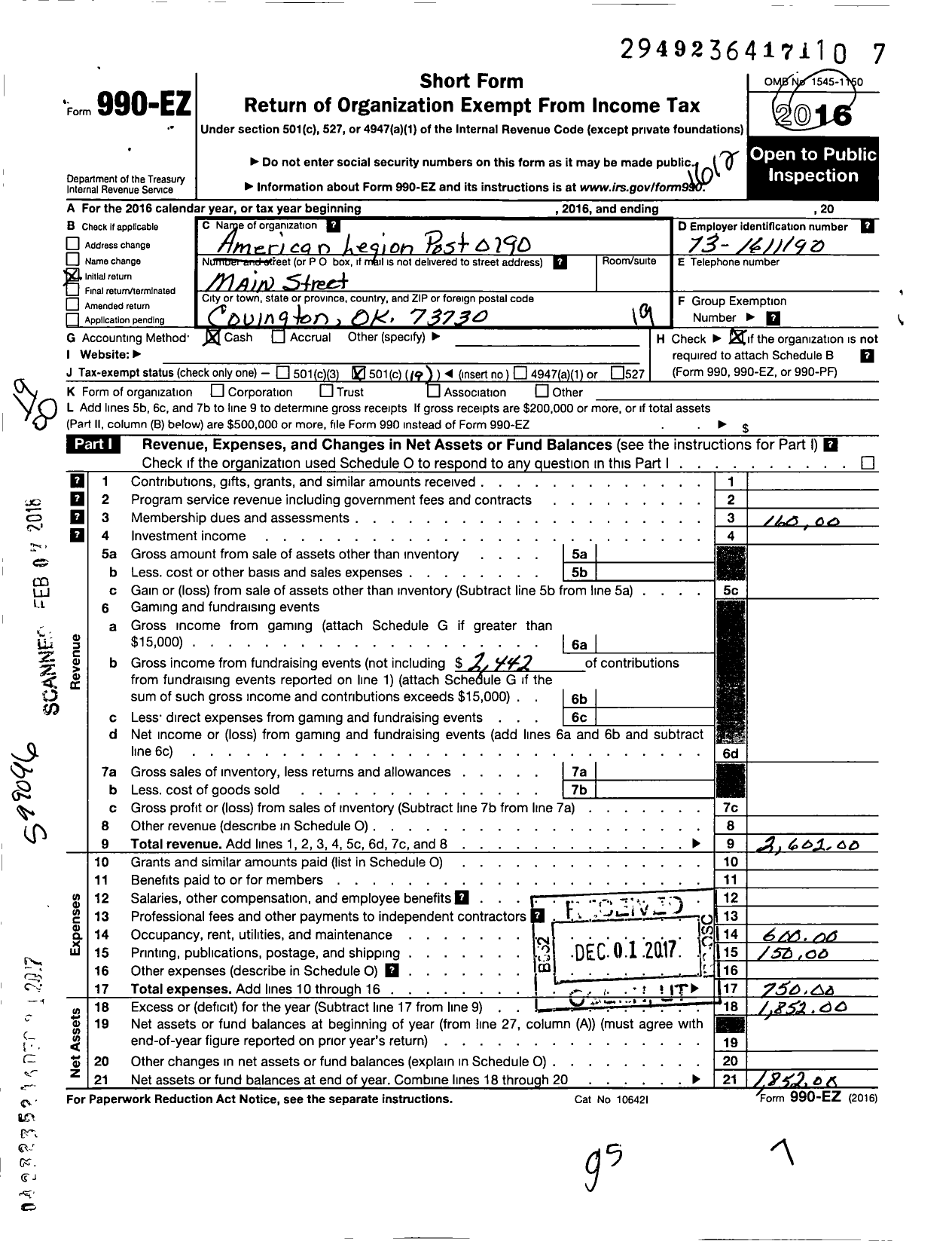 Image of first page of 2016 Form 990EO for American Legion - 190 Clark Perrin