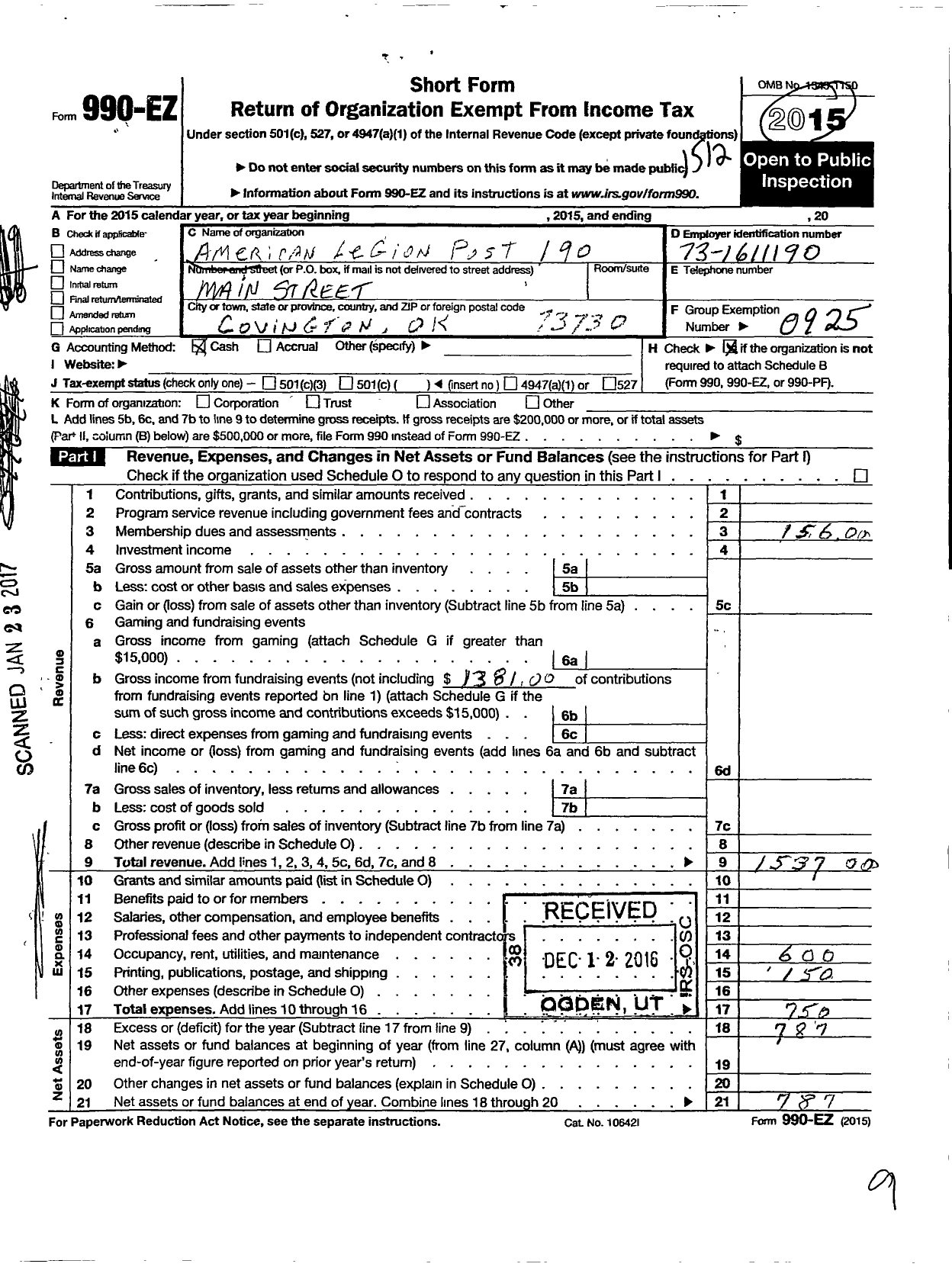 Image of first page of 2015 Form 990EO for American Legion - 190 Clark Perrin