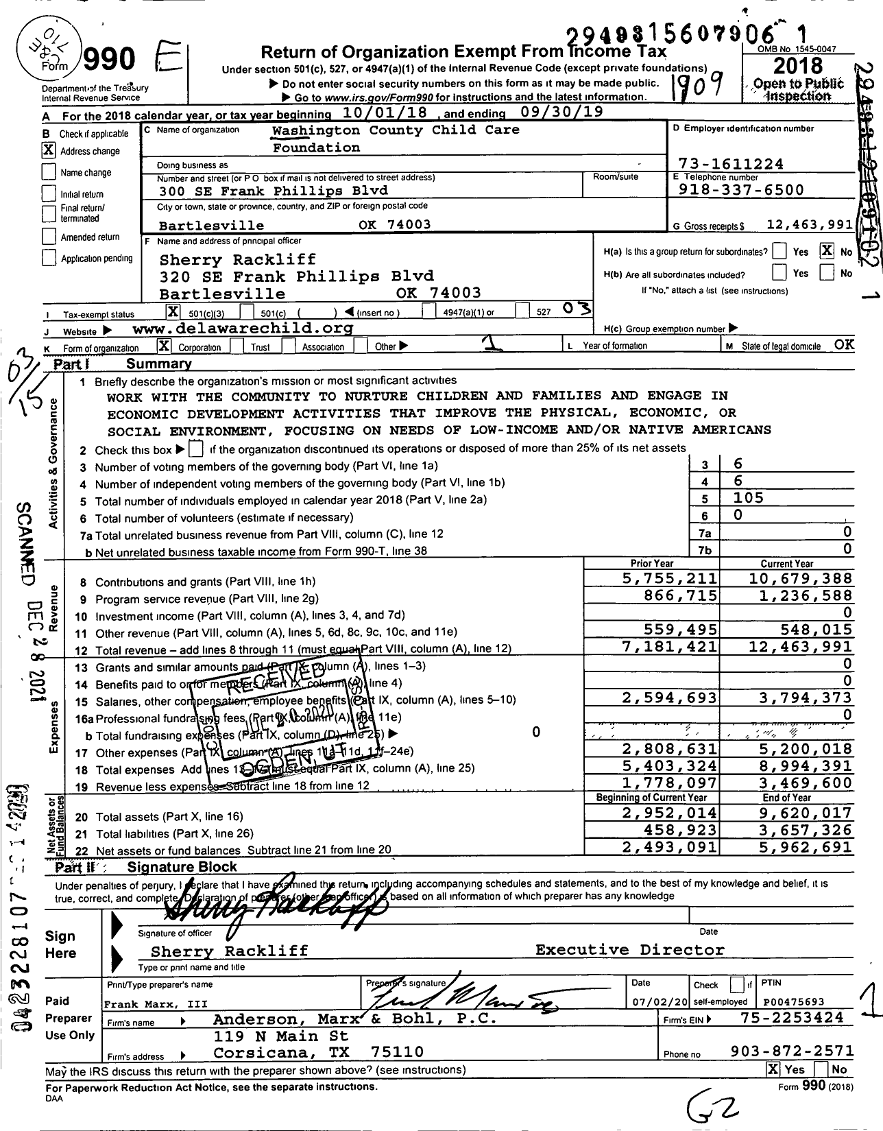 Image of first page of 2018 Form 990 for Washington County Child Care Foundation