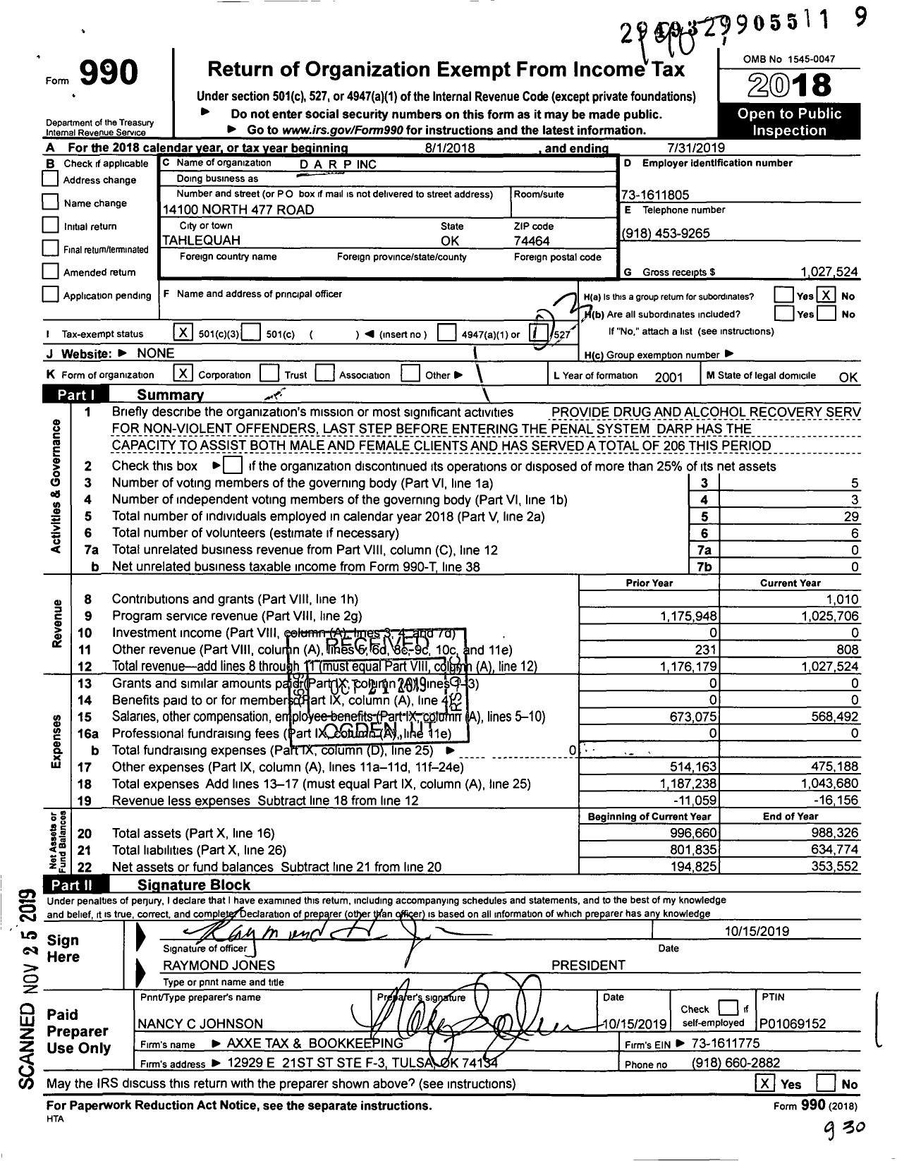 Image of first page of 2018 Form 990 for D A R P