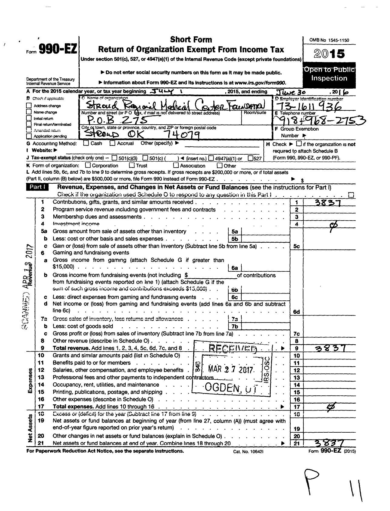 Image of first page of 2015 Form 990EO for Stroud Community Foundation