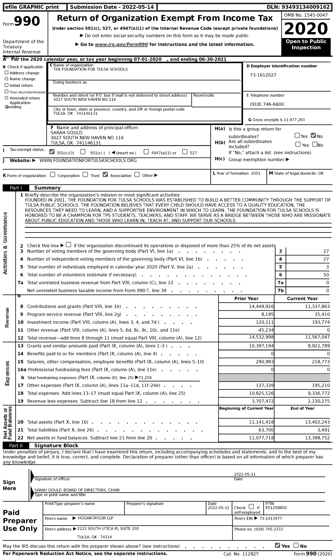 Image of first page of 2020 Form 990 for The Foundation for Tulsa Schools