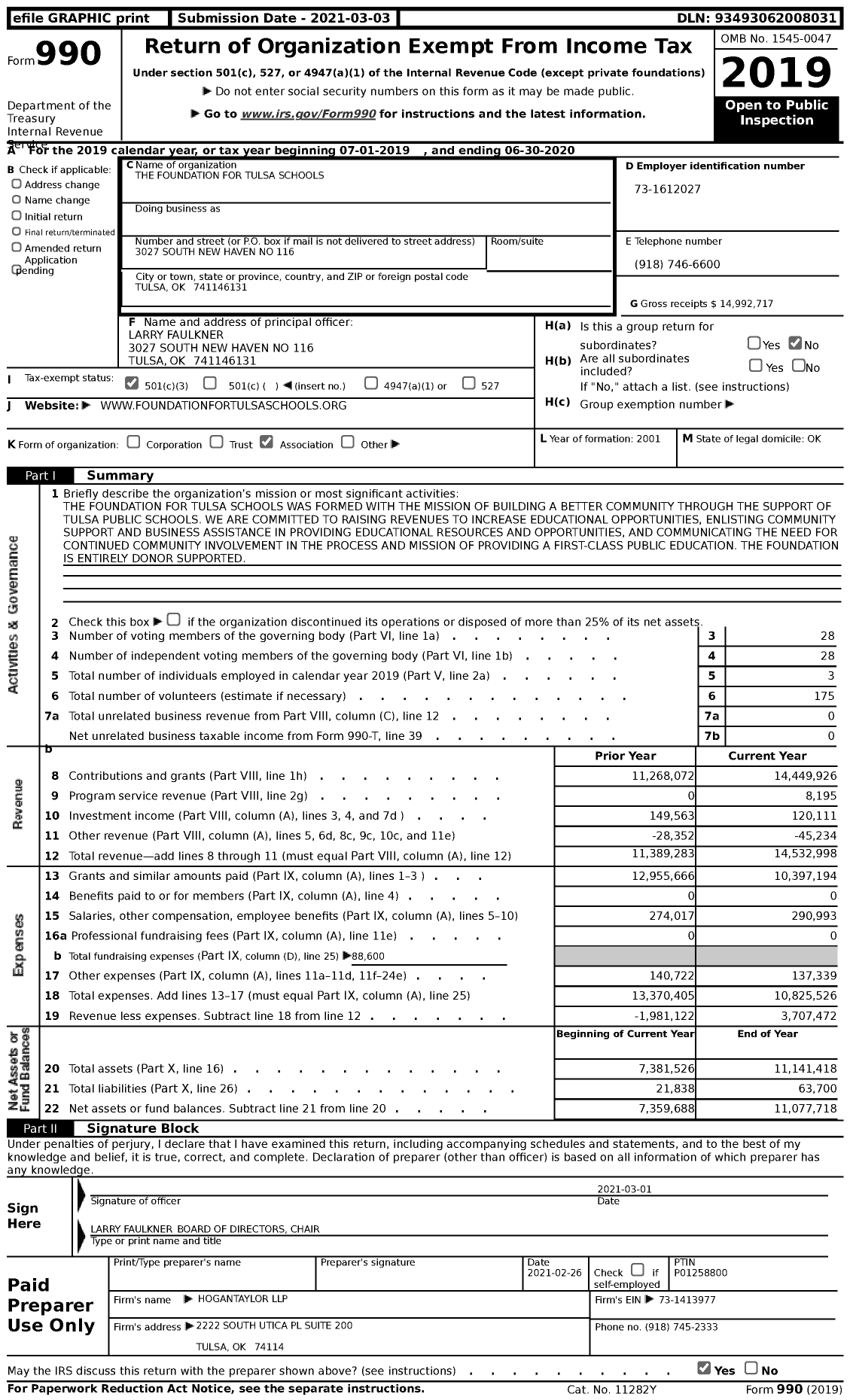 Image of first page of 2019 Form 990 for The Foundation for Tulsa Schools