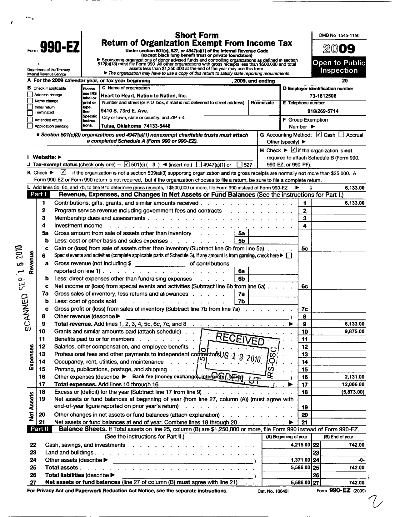 Image of first page of 2009 Form 990EZ for Heart To Heart Nation To Nation