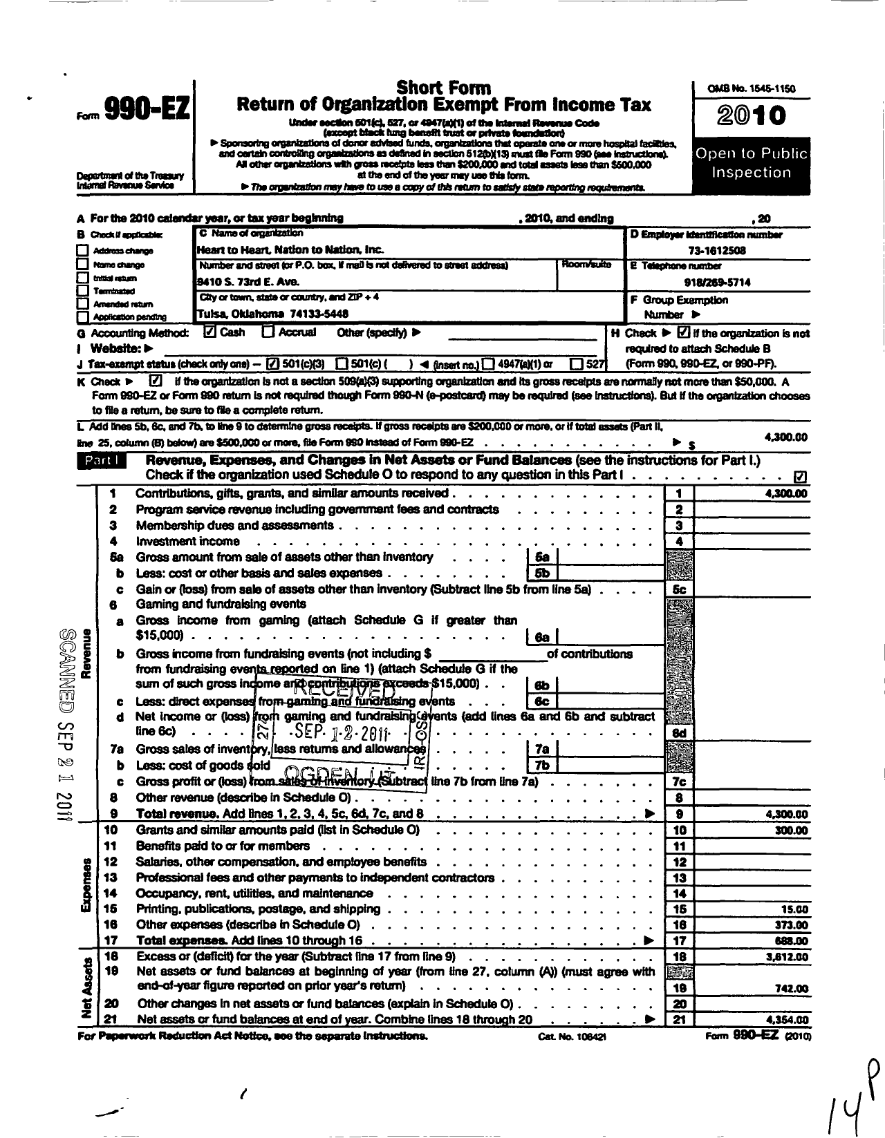 Image of first page of 2010 Form 990EZ for Heart To Heart Nation To Nation