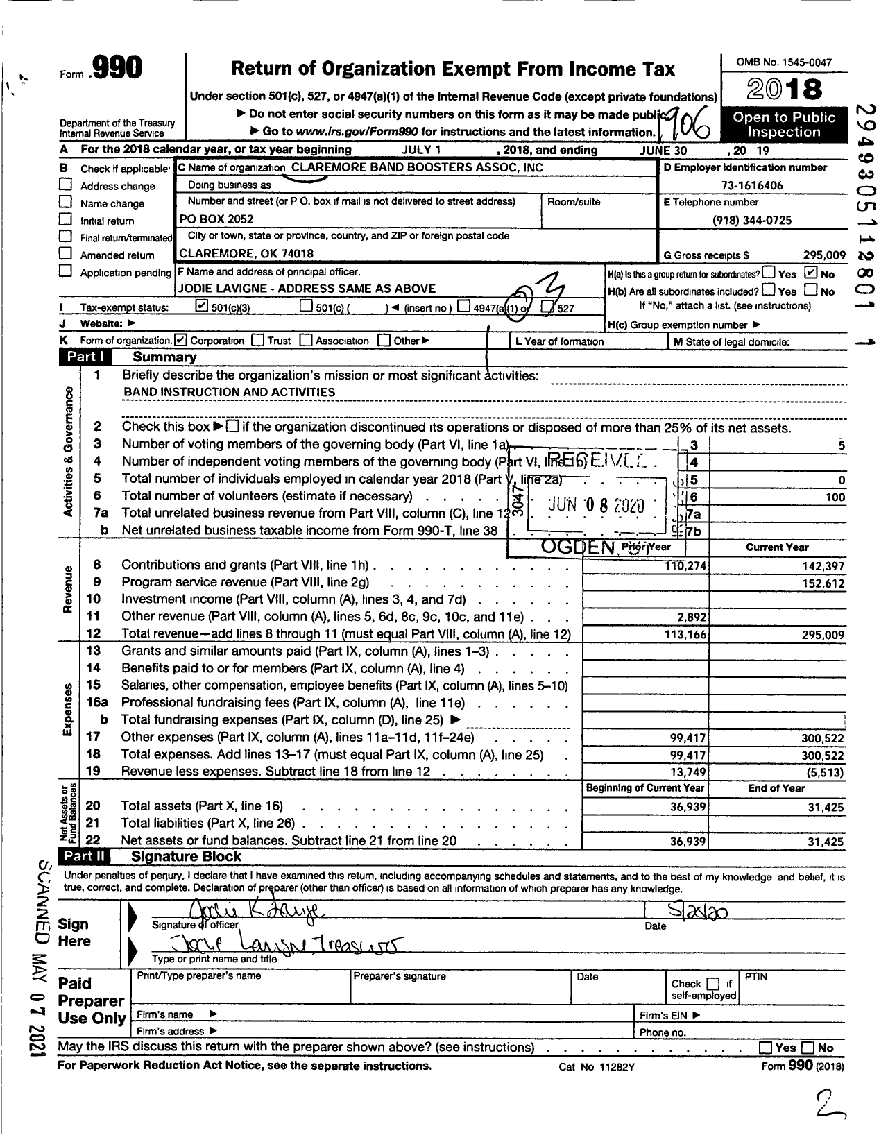 Image of first page of 2018 Form 990 for Claremore Band Boosters Association