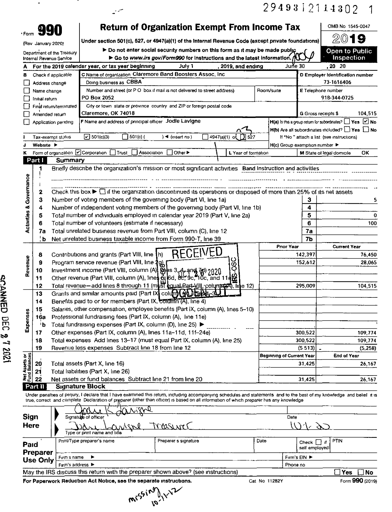 Image of first page of 2019 Form 990 for Claremore Band Boosters Association