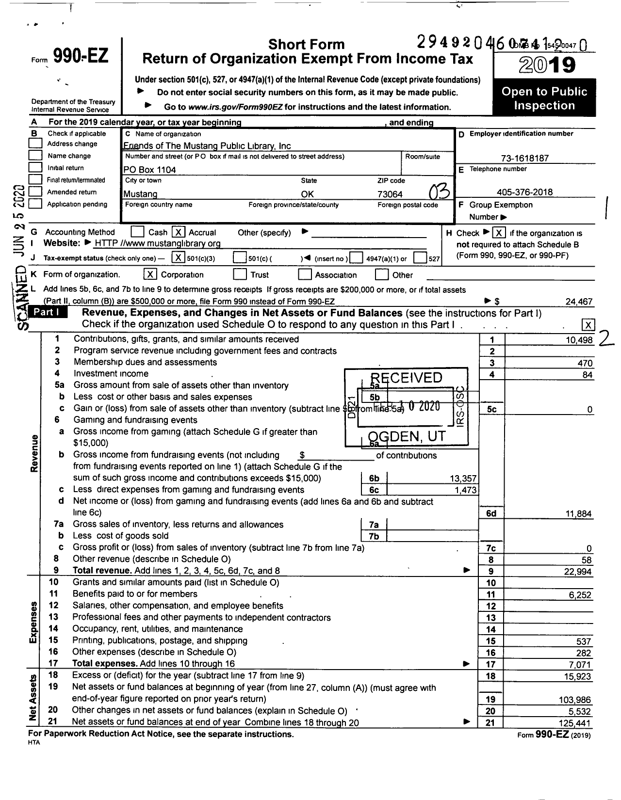 Image of first page of 2019 Form 990EZ for Friends of The Mustang Public Library