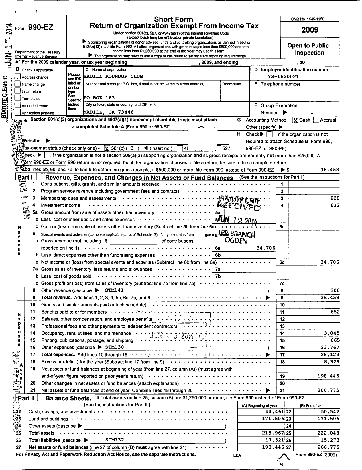 Image of first page of 2009 Form 990EZ for Madill Roundup Club