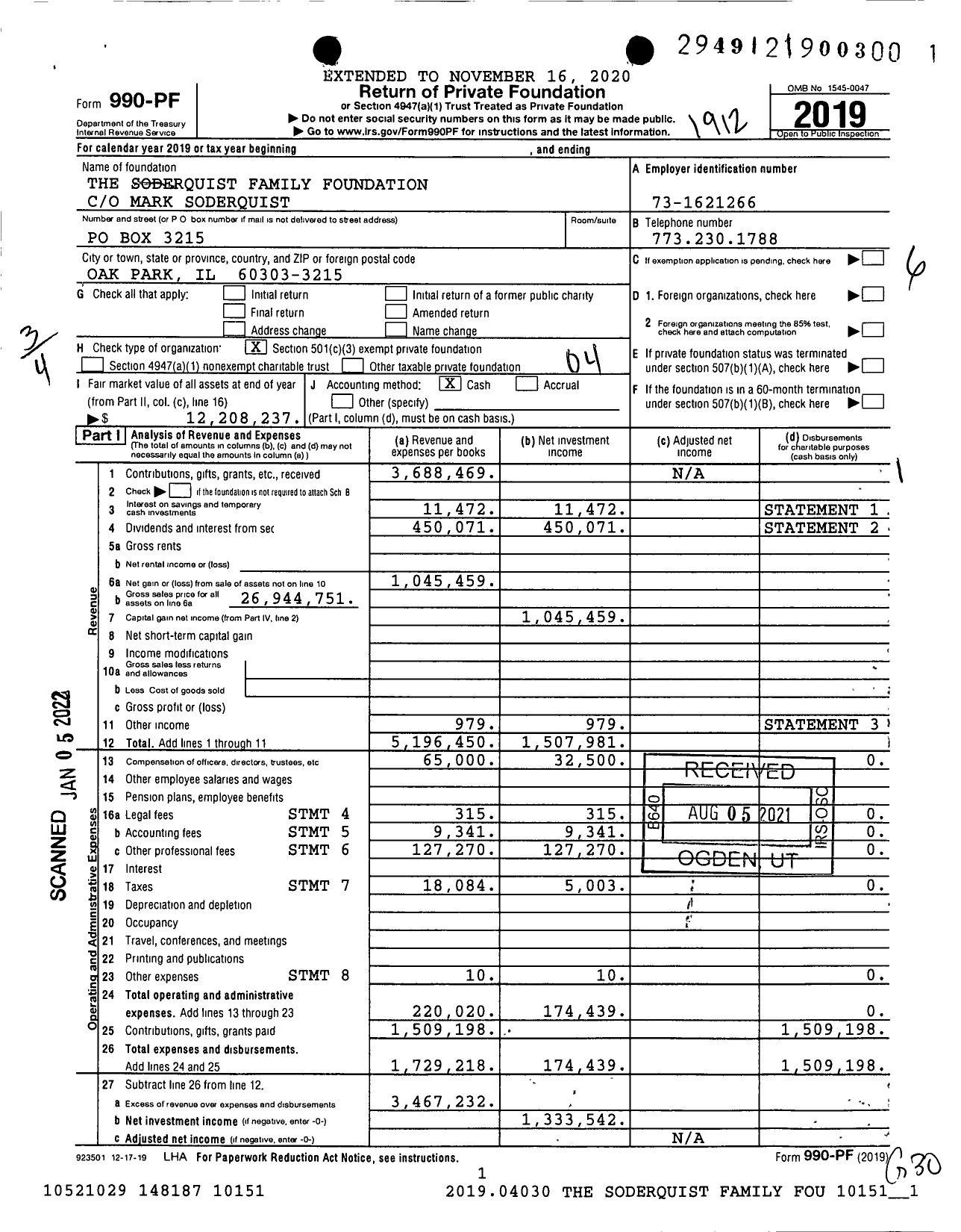 Image of first page of 2019 Form 990PF for Soderquist Family Foundation