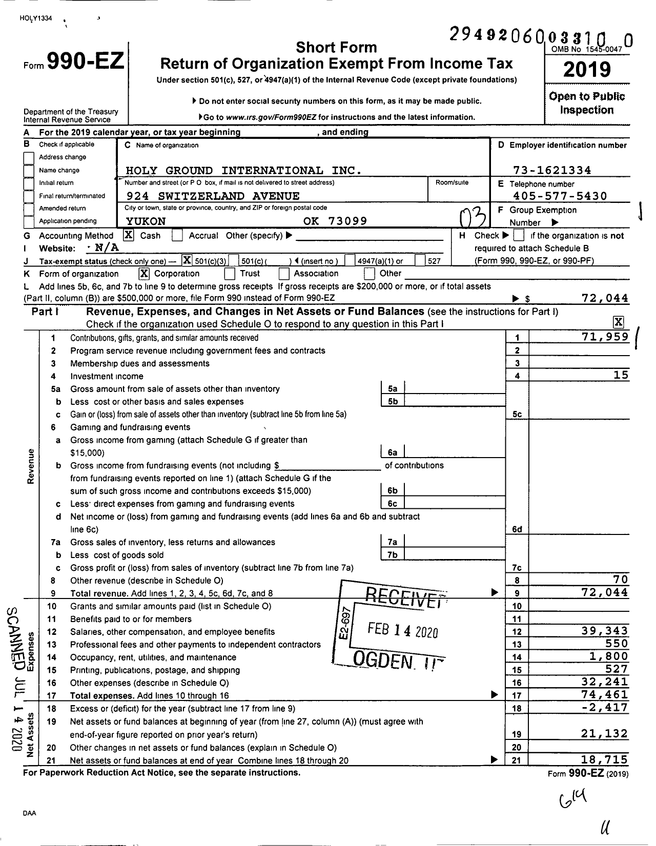 Image of first page of 2019 Form 990EZ for Holy Ground International