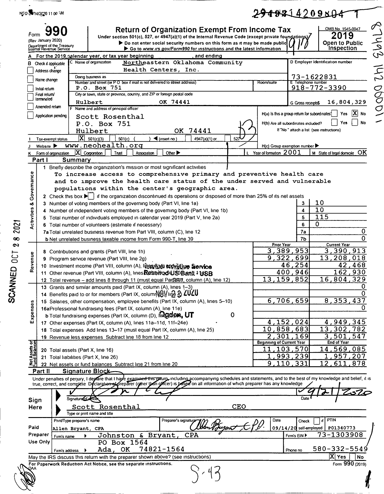 Image of first page of 2019 Form 990 for Northeastern Oklahoma Community Health Centers (NeoHealth)