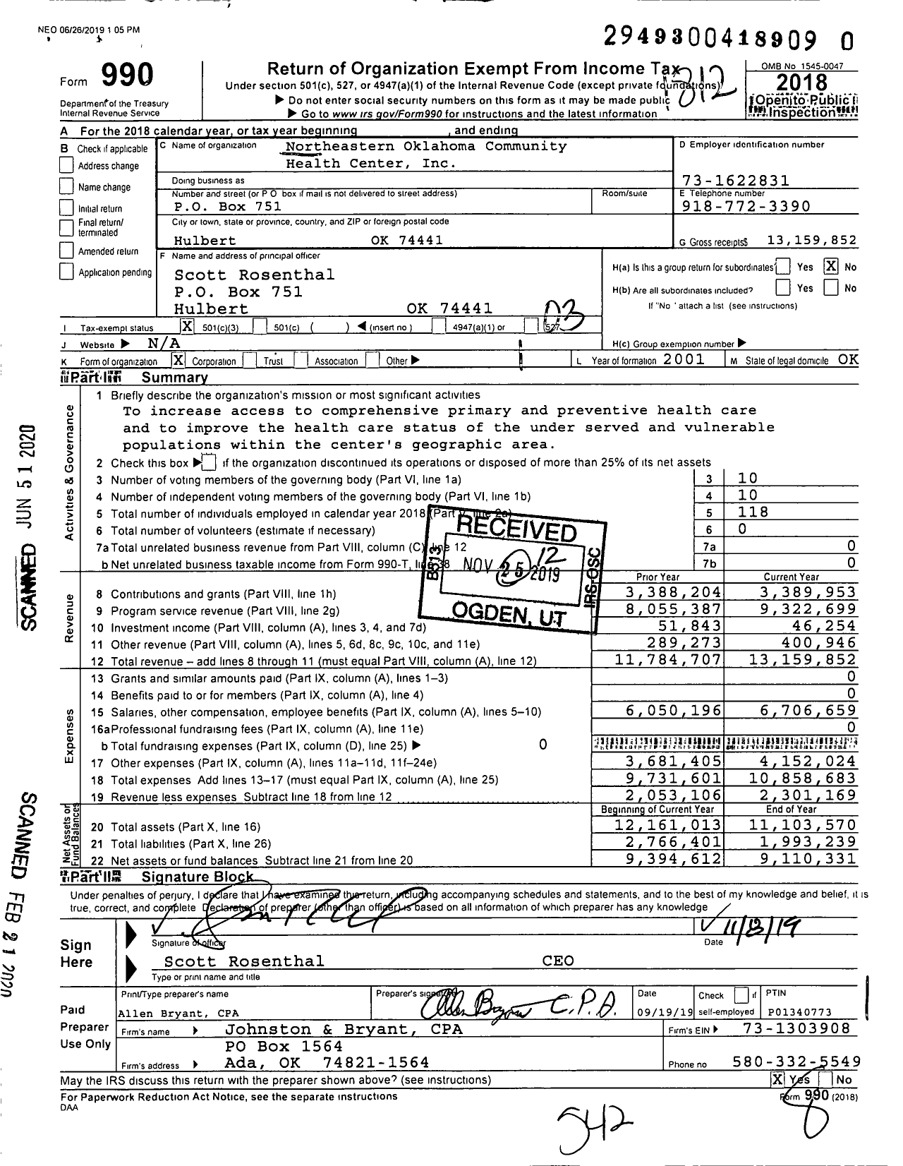 Image of first page of 2018 Form 990 for Northeastern Oklahoma Community Health Centers (NeoHealth)