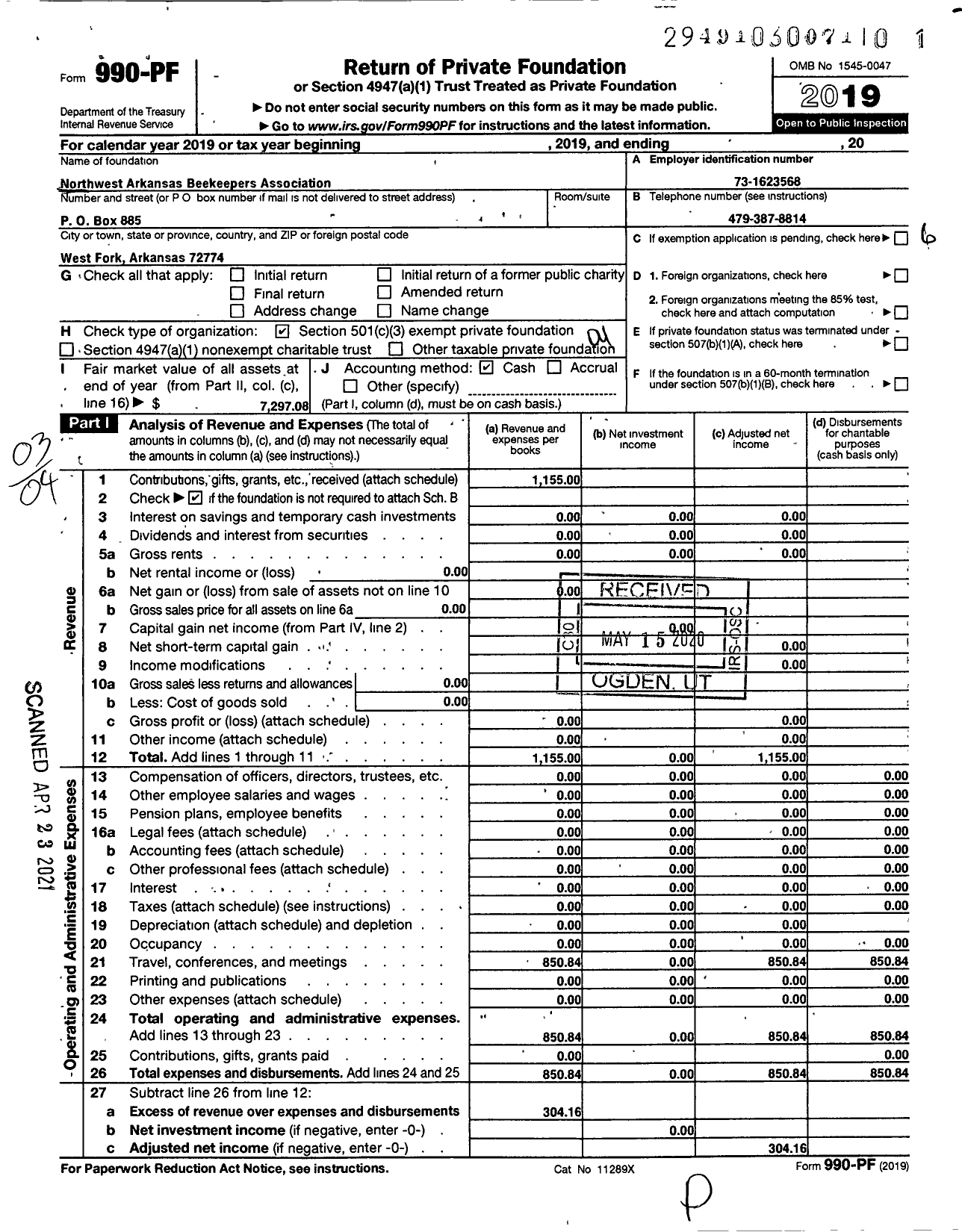 Image of first page of 2019 Form 990PF for Northwest Arkansas Beekeepers Association