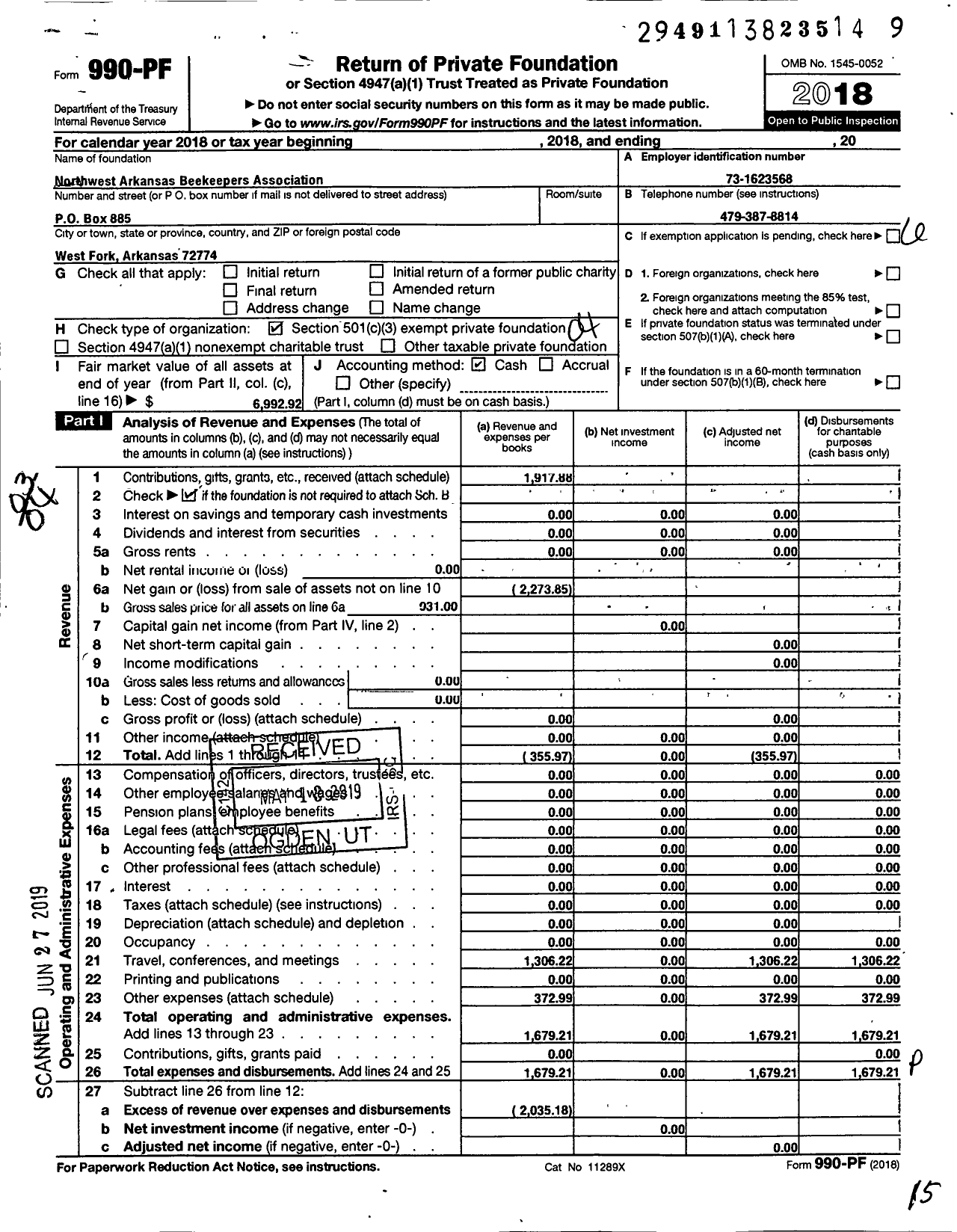 Image of first page of 2018 Form 990PF for Northwest Arkansas Beekeepers Association