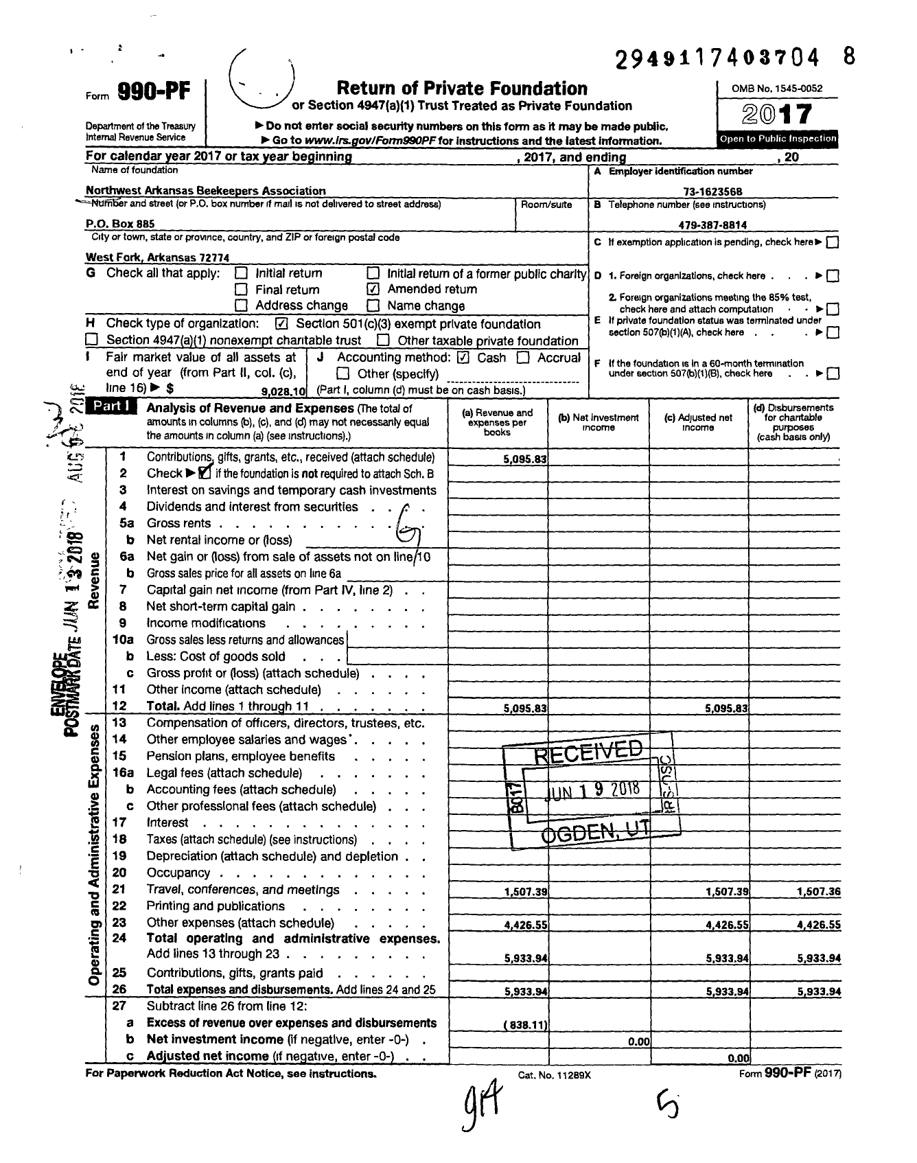 Image of first page of 2017 Form 990PF for Northwest Arkansas Beekeepers Association