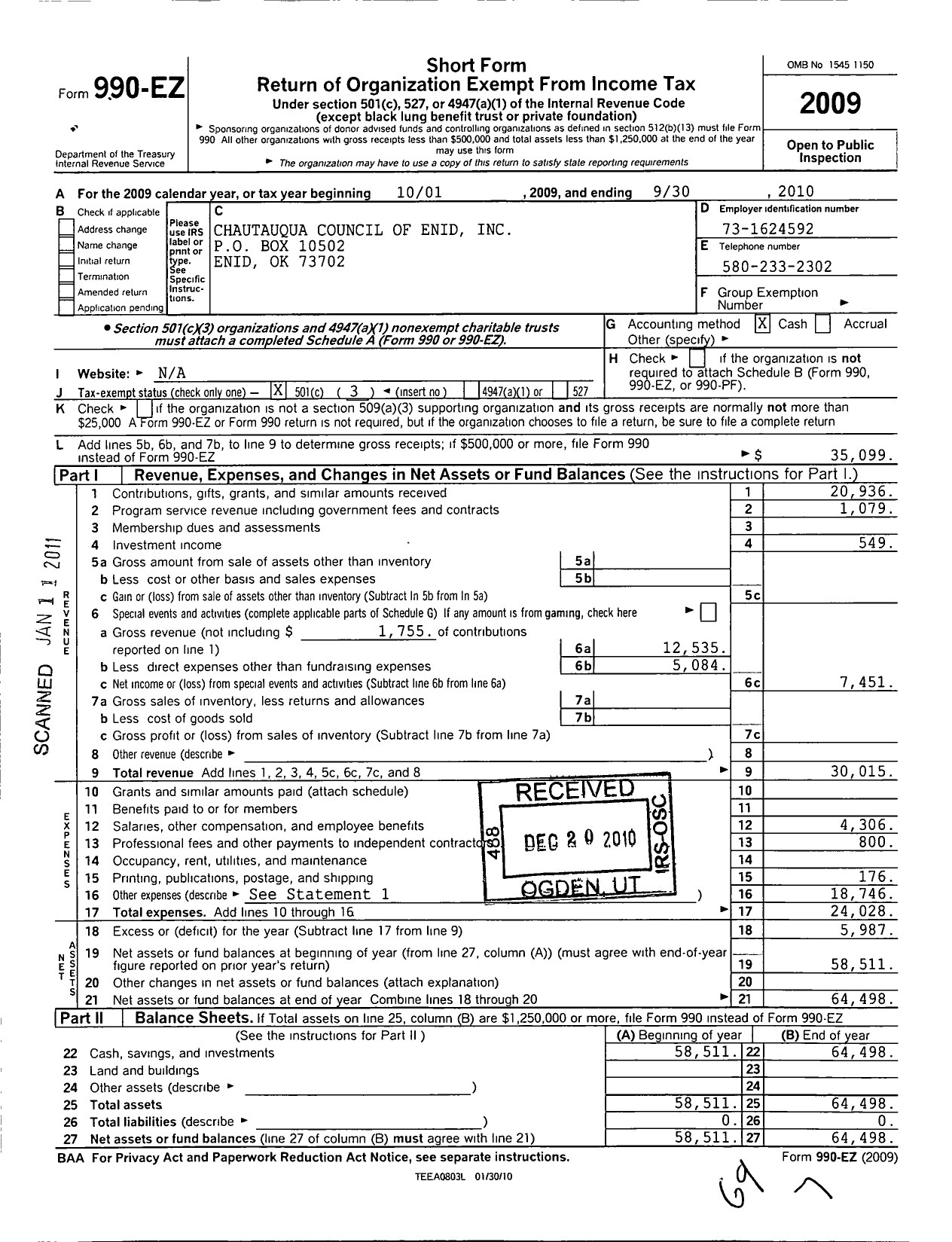 Image of first page of 2009 Form 990EZ for Chautauqua Council of Enid