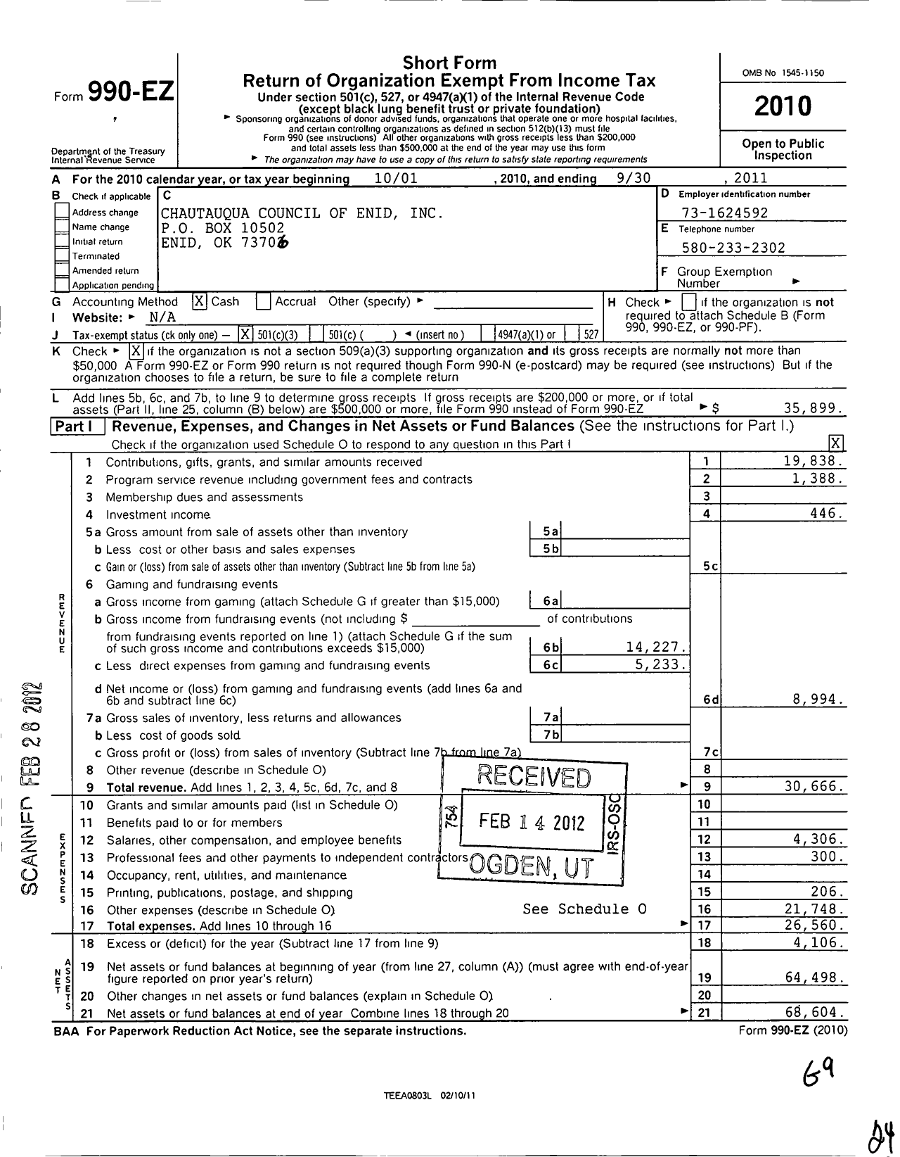 Image of first page of 2010 Form 990EZ for Chautauqua Council of Enid