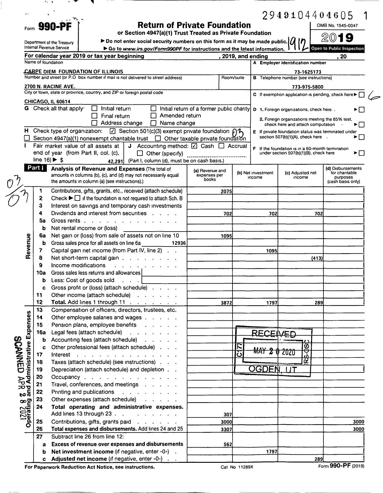 Image of first page of 2019 Form 990PF for Carpe Diem Foundation of Illinois