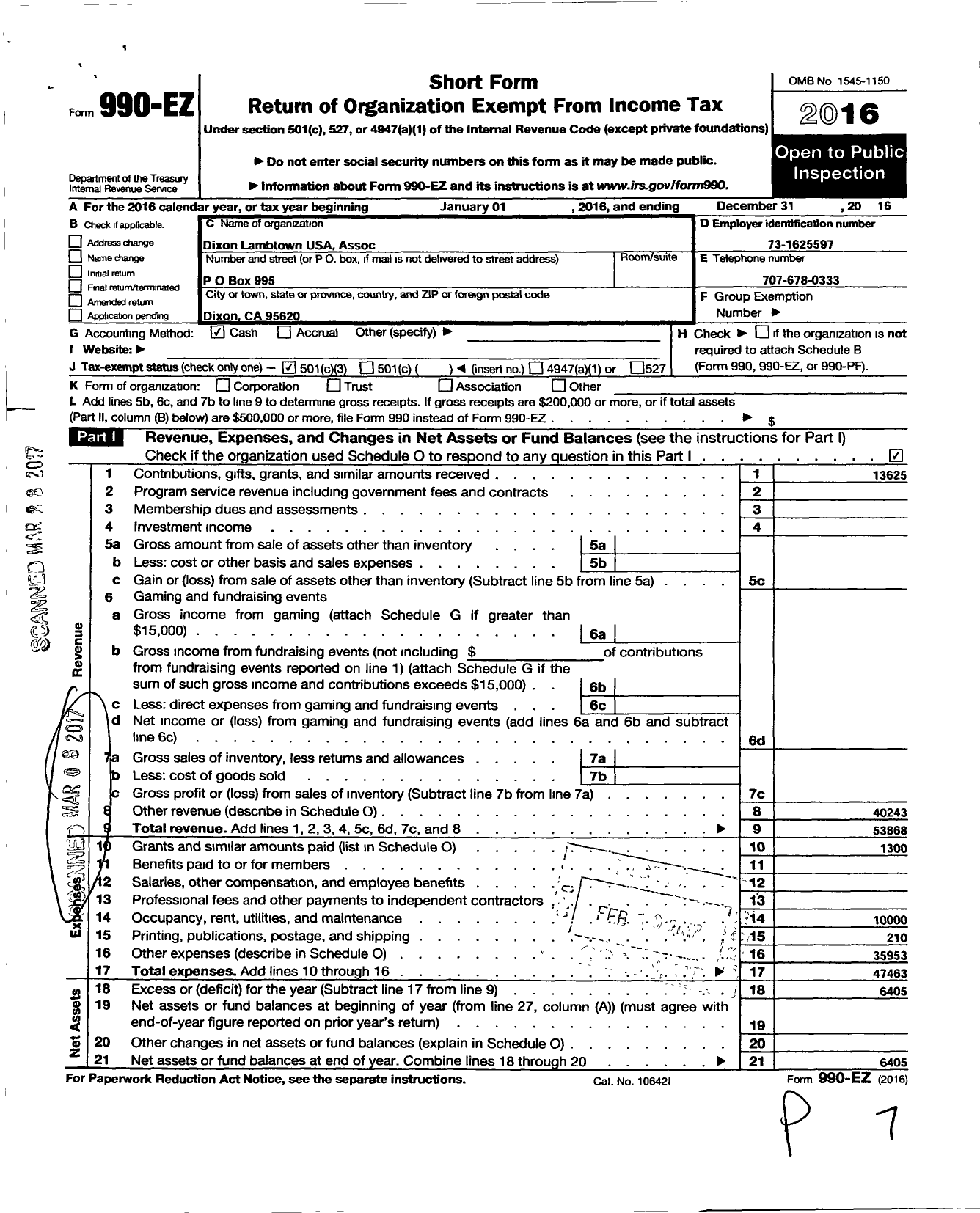Image of first page of 2016 Form 990EZ for Dixon Lambtown USA Association