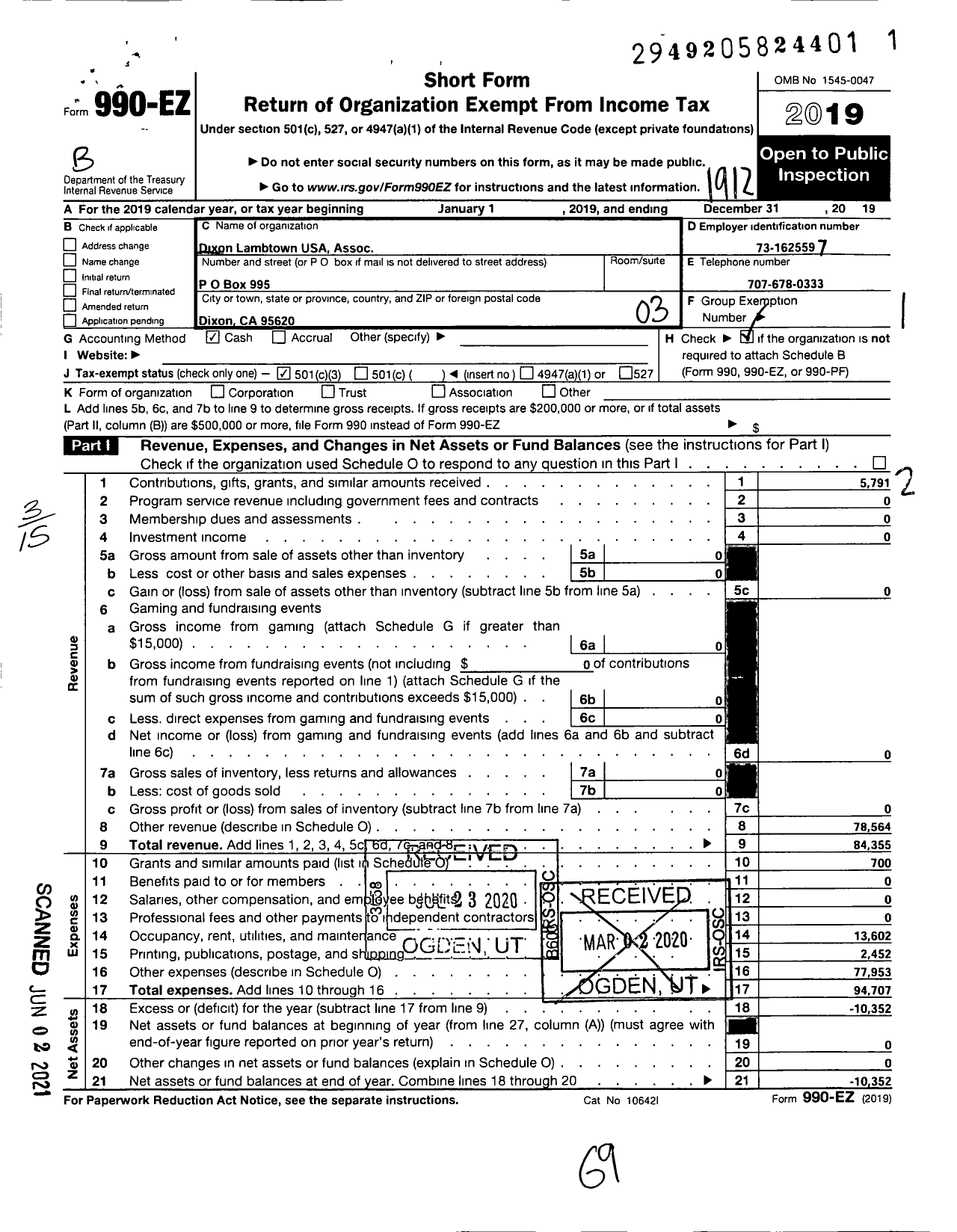Image of first page of 2019 Form 990EZ for Dixon Lambtown USA Association
