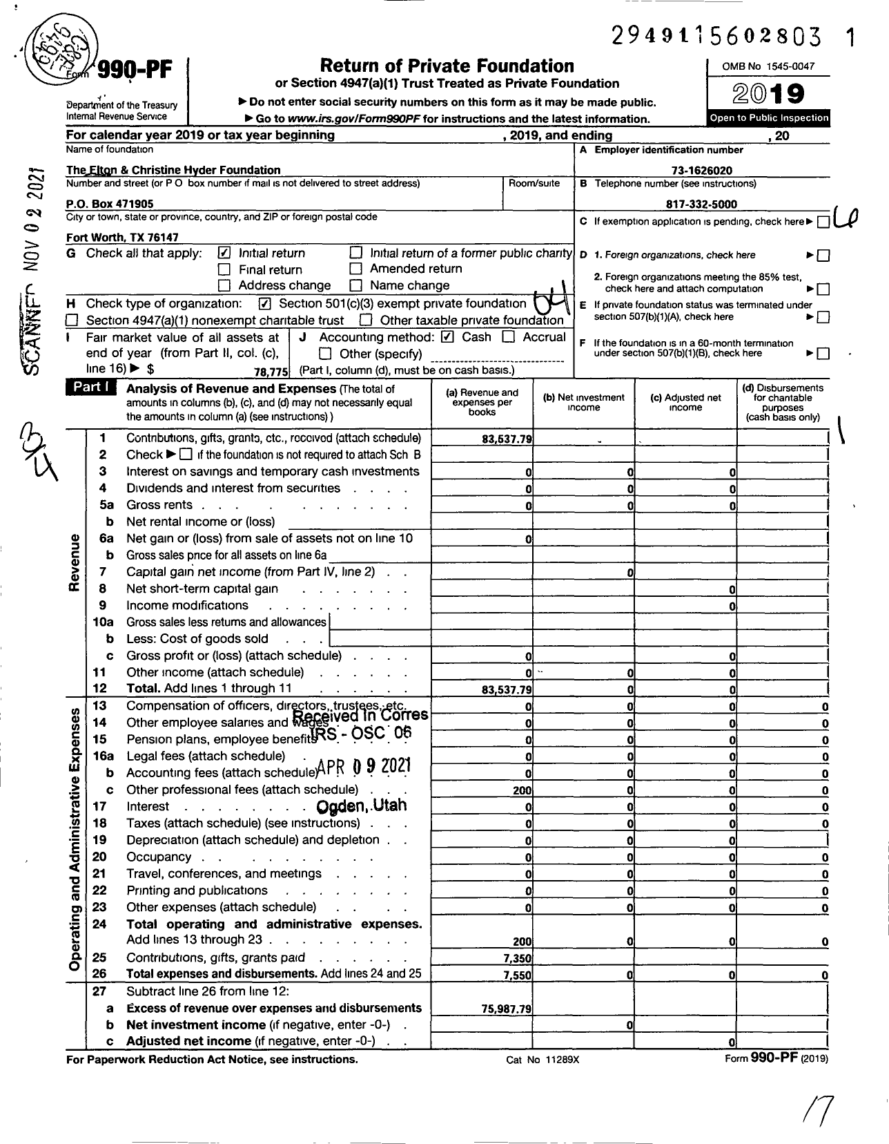 Image of first page of 2019 Form 990PF for The Elton M Hyder Foundation