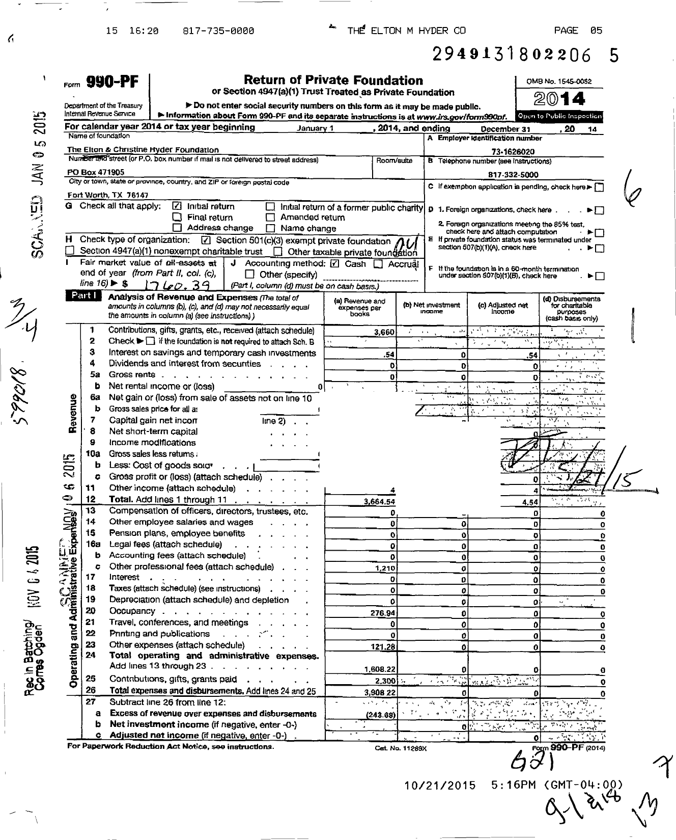 Image of first page of 2014 Form 990PF for The Elton M Hyder Foundation