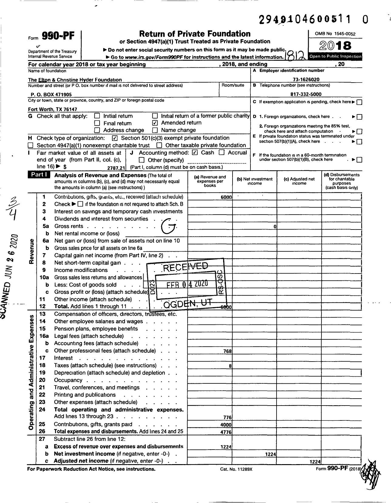 Image of first page of 2018 Form 990PR for The Elton M Hyder Foundation