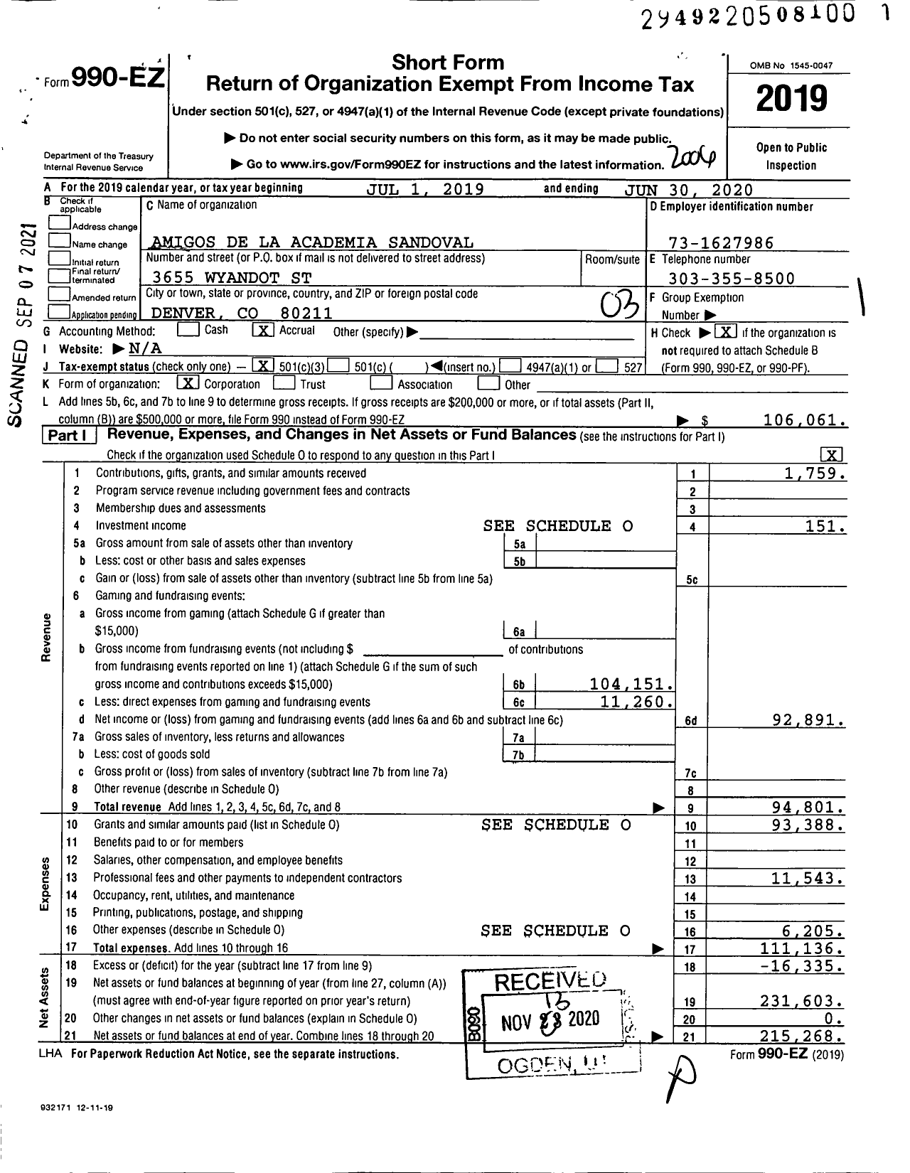 Image of first page of 2019 Form 990EZ for Amigos de La Academia Sandoval