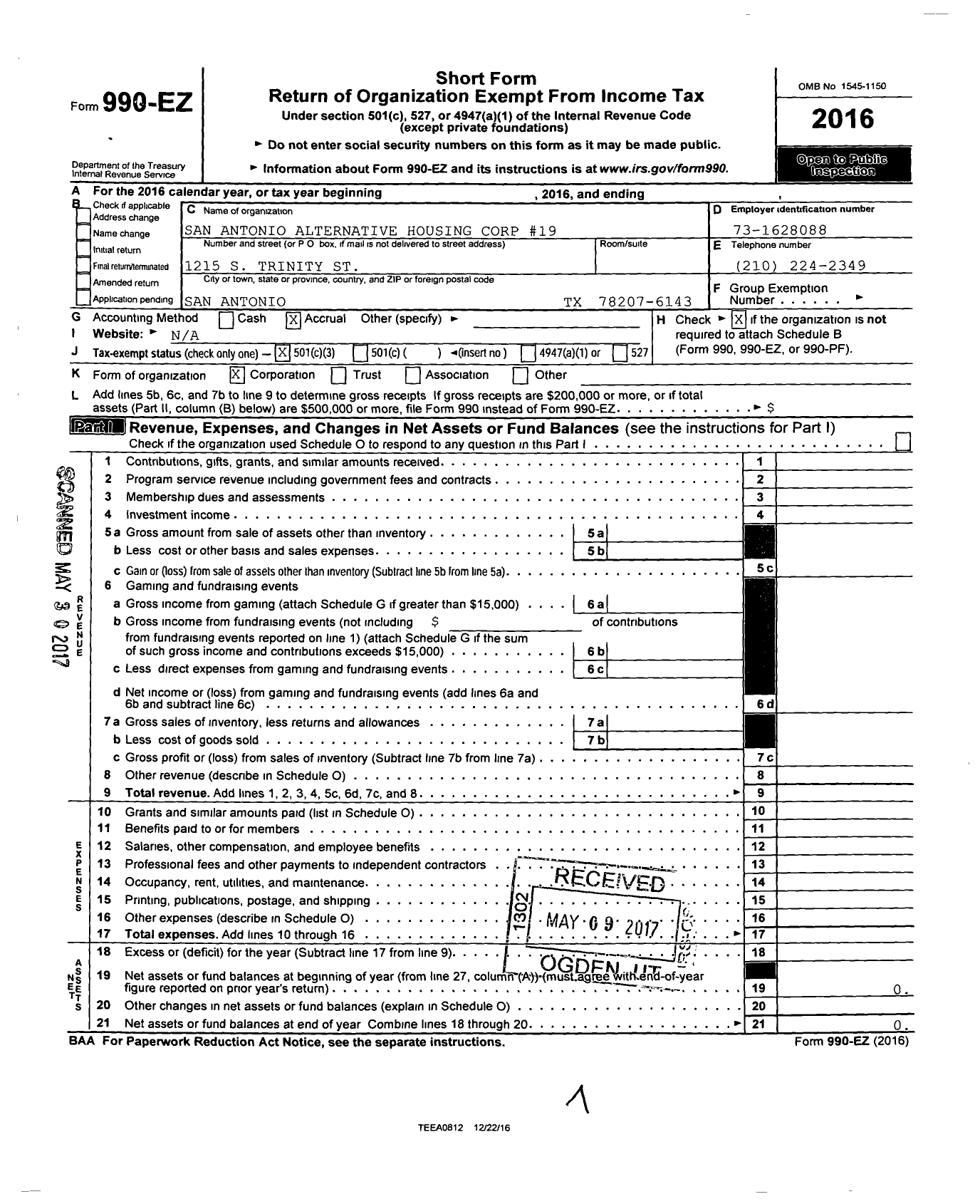 Image of first page of 2016 Form 990EZ for San Antonio Alternative Housing Corp #19