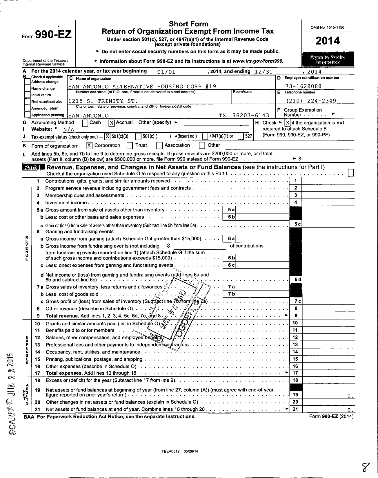 Image of first page of 2014 Form 990EZ for San Antonio Alternative Housing Corp #19