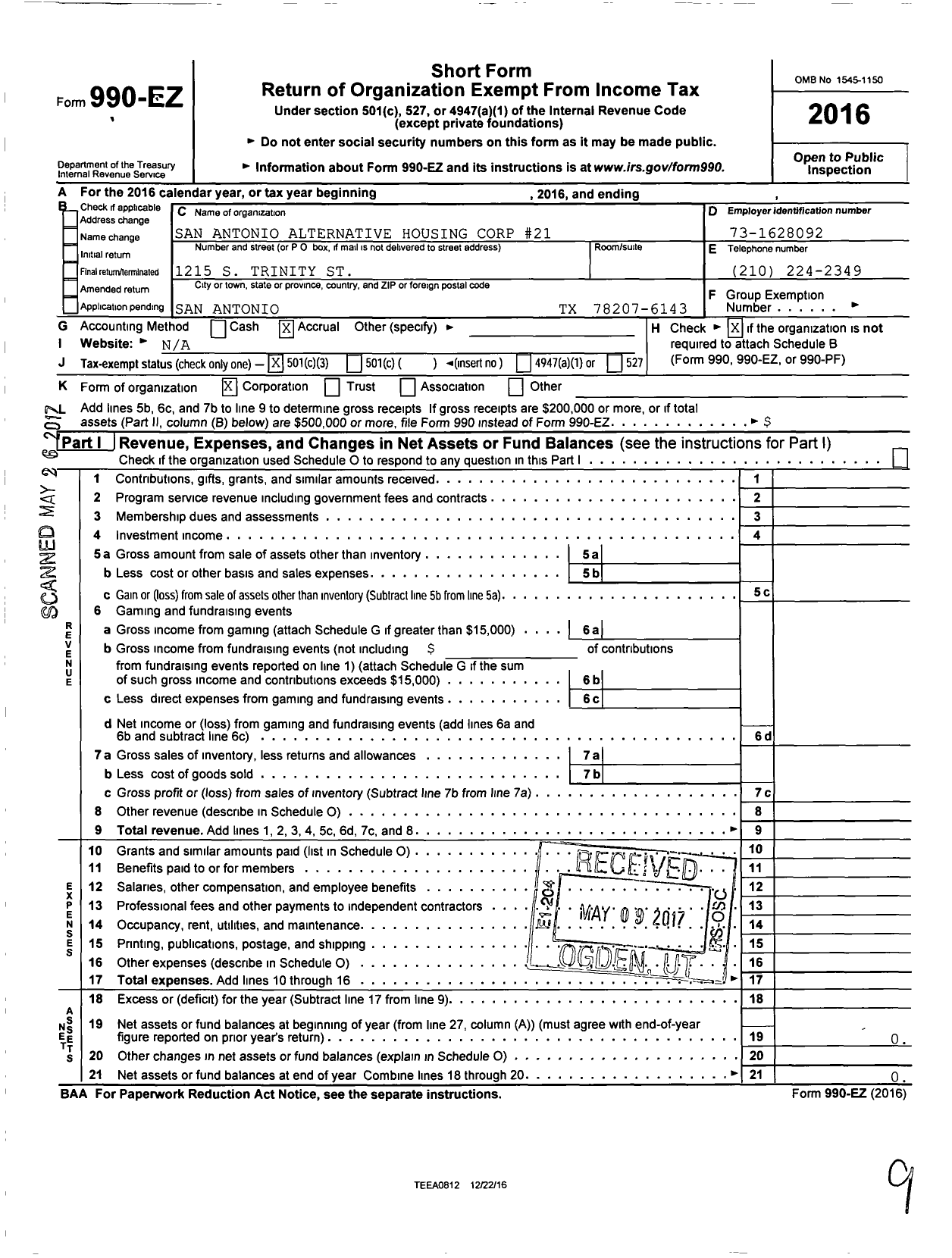 Image of first page of 2016 Form 990EZ for San Antonio Alternative Housing Corp #21