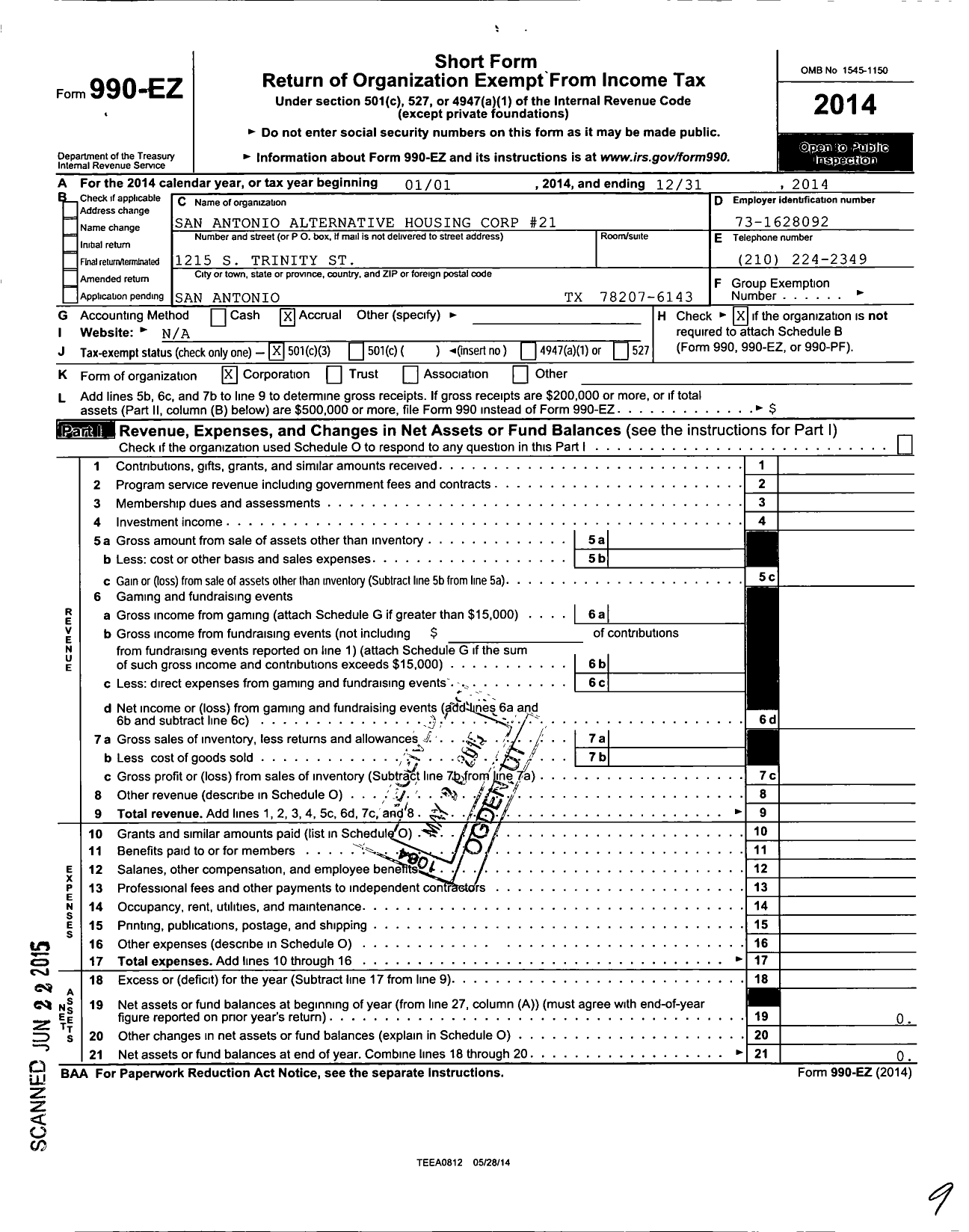 Image of first page of 2014 Form 990EZ for San Antonio Alternative Housing Corp #21