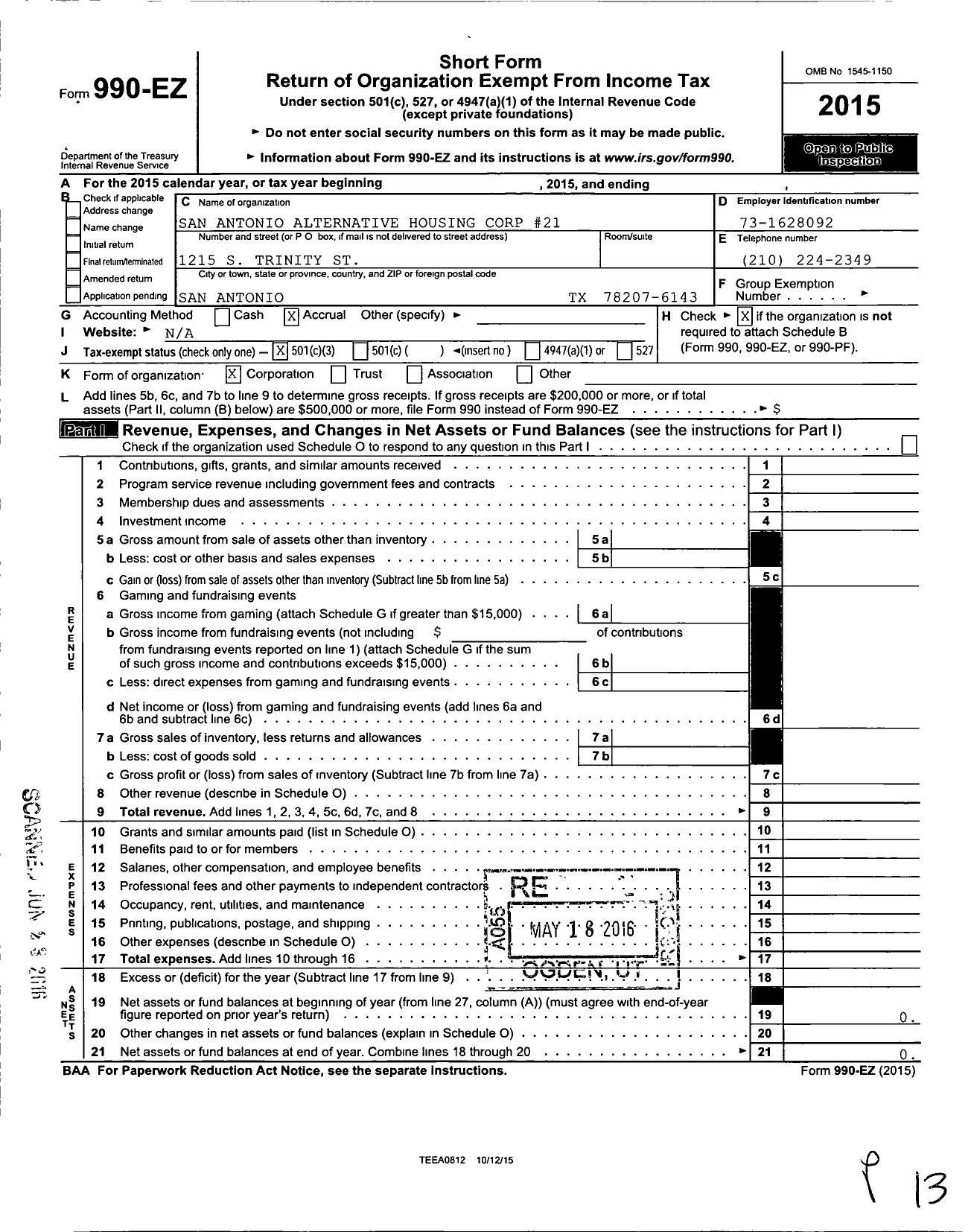 Image of first page of 2015 Form 990EZ for San Antonio Alternative Housing Corp #21