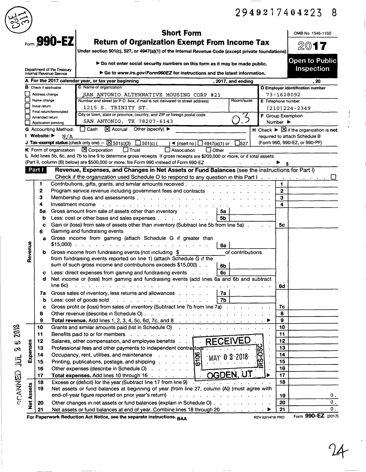 Image of first page of 2017 Form 990EZ for San Antonio Alternative Housing Corp #21