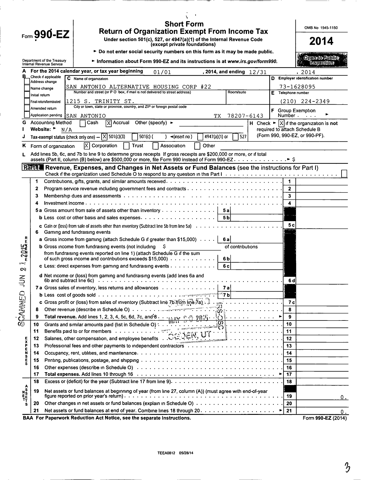 Image of first page of 2014 Form 990EZ for San Antonio Alternative Housing Corp #22