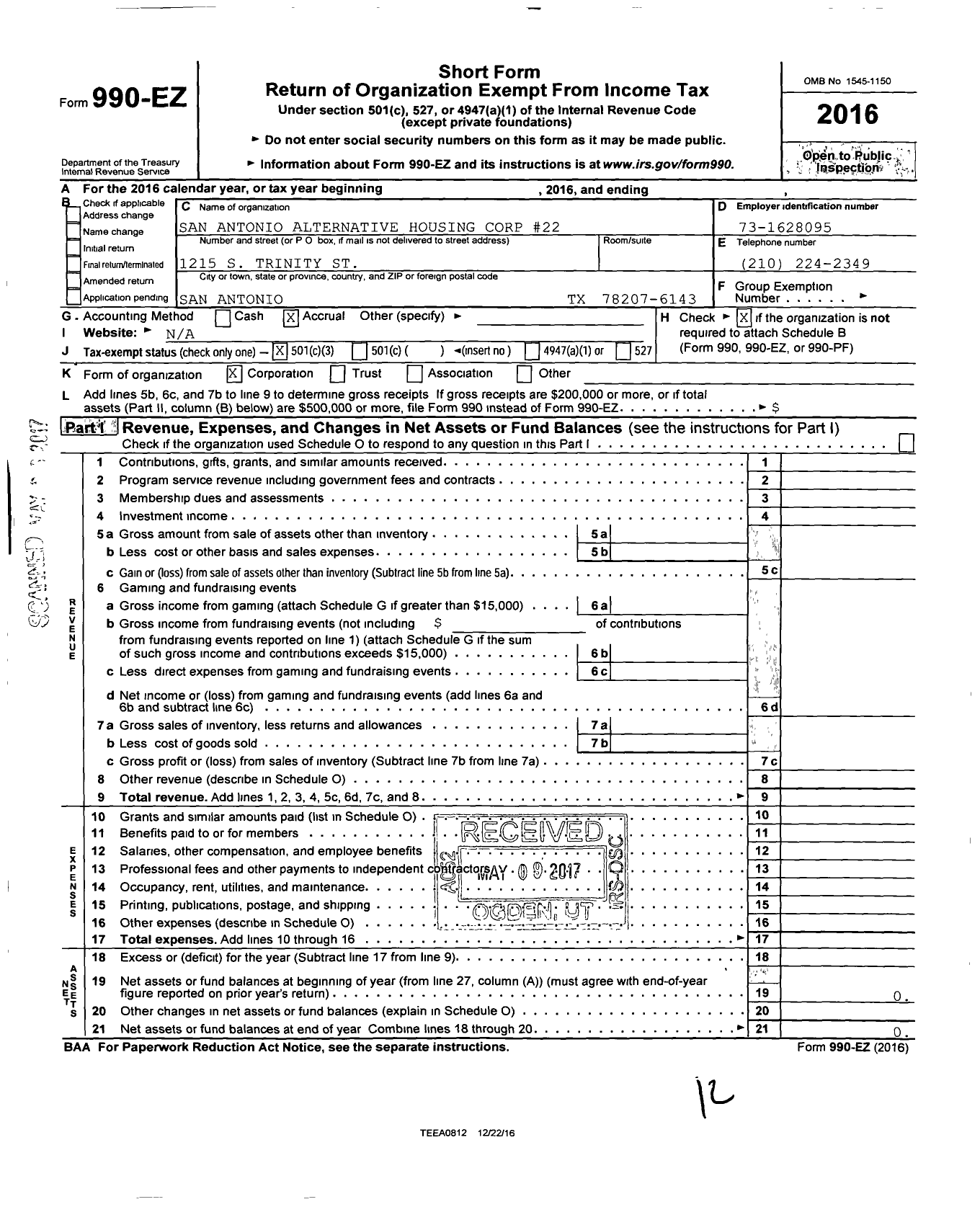 Image of first page of 2016 Form 990EZ for San Antonio Alternative Housing Corp #22