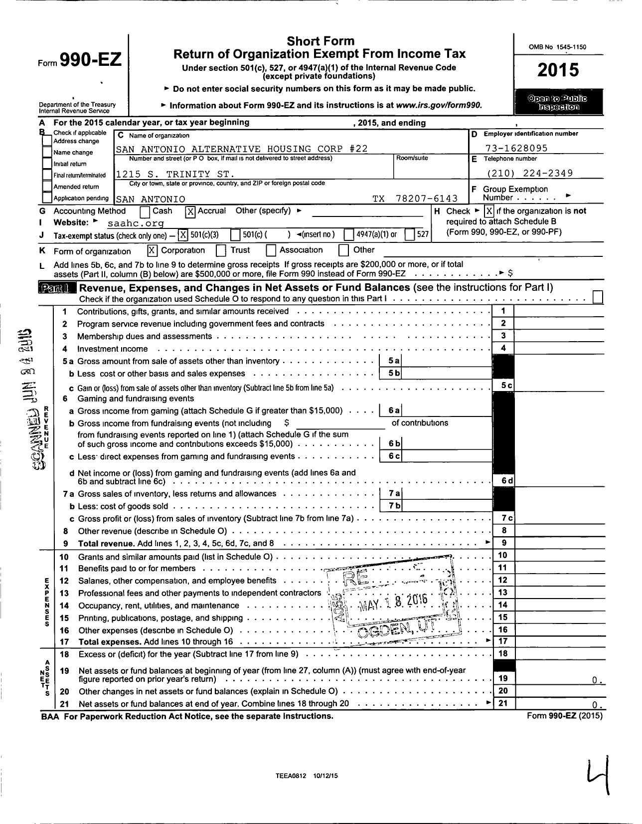 Image of first page of 2015 Form 990EZ for San Antonio Alternative Housing Corp #22