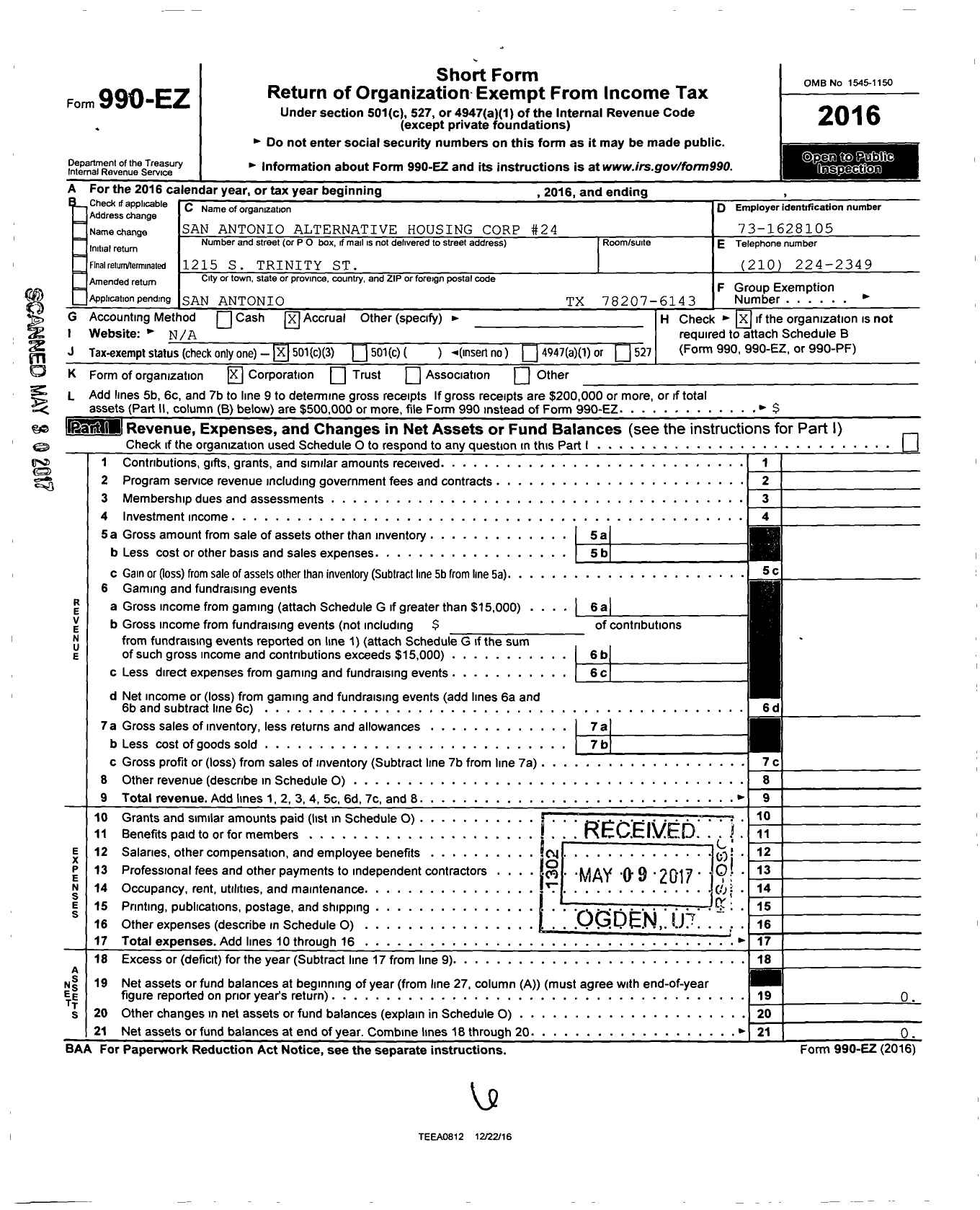 Image of first page of 2016 Form 990EZ for San Antonio Alternative Housing Corp #24