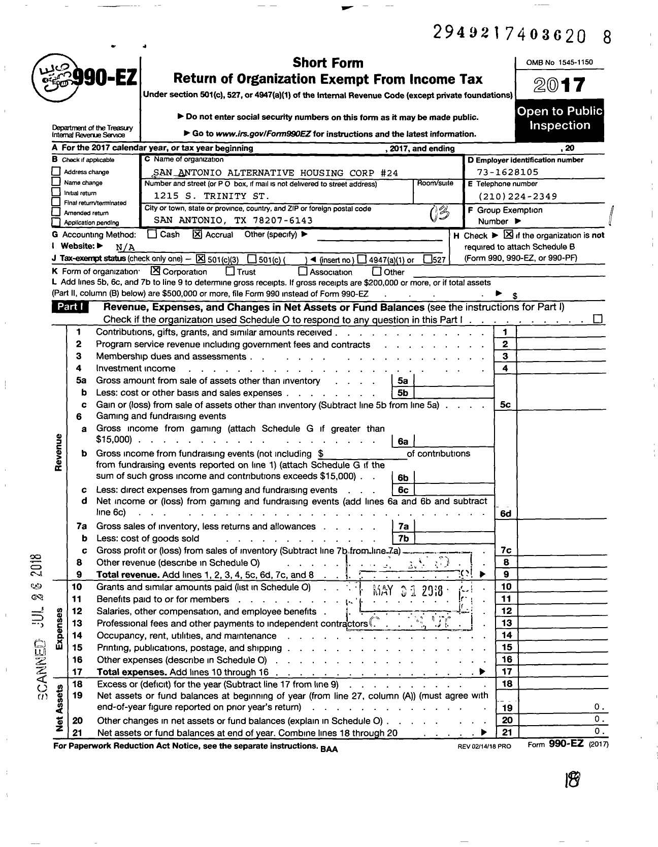 Image of first page of 2017 Form 990EZ for San Antonio Alternative Housing Corp #24