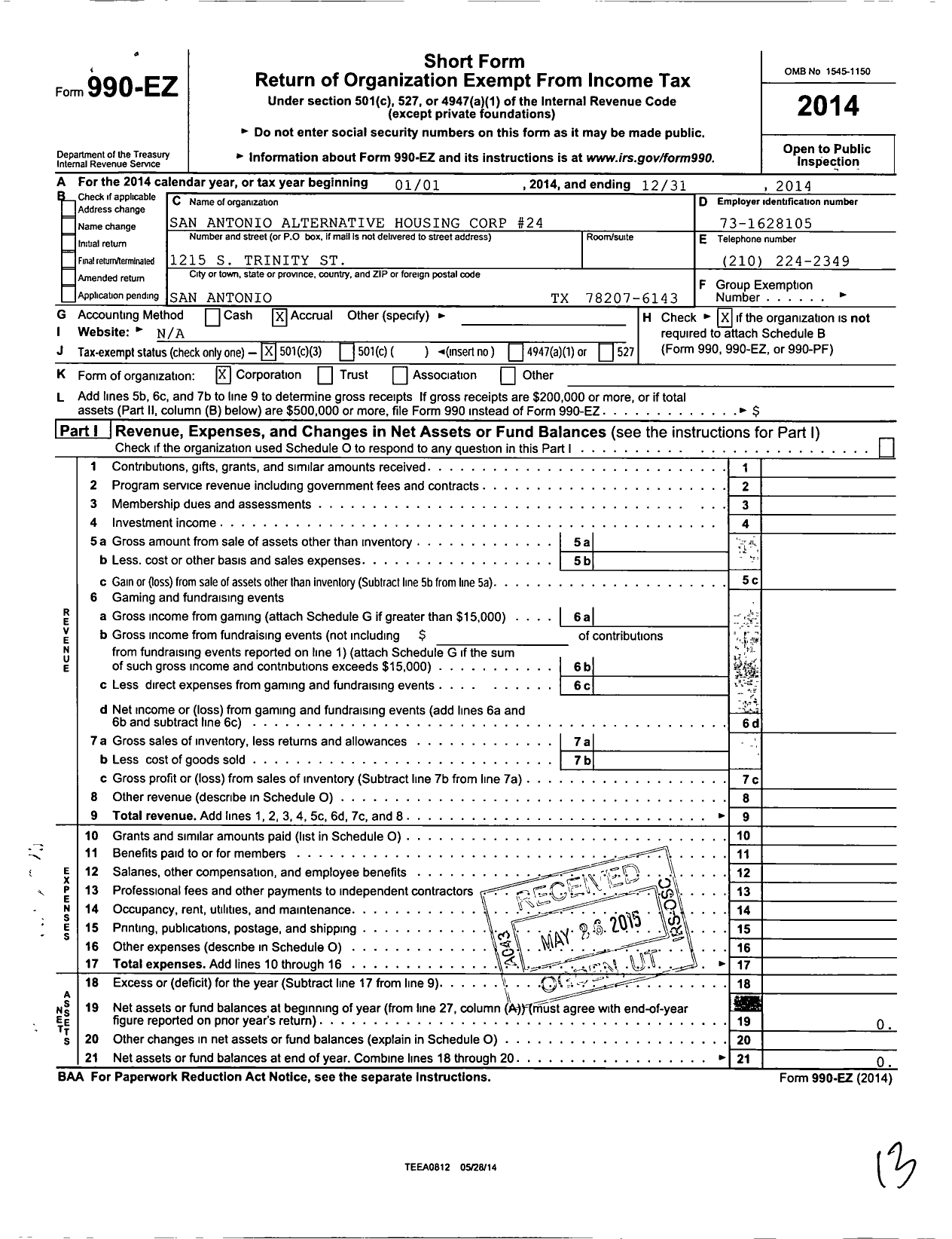 Image of first page of 2014 Form 990EZ for San Antonio Alternative Housing Corp #24