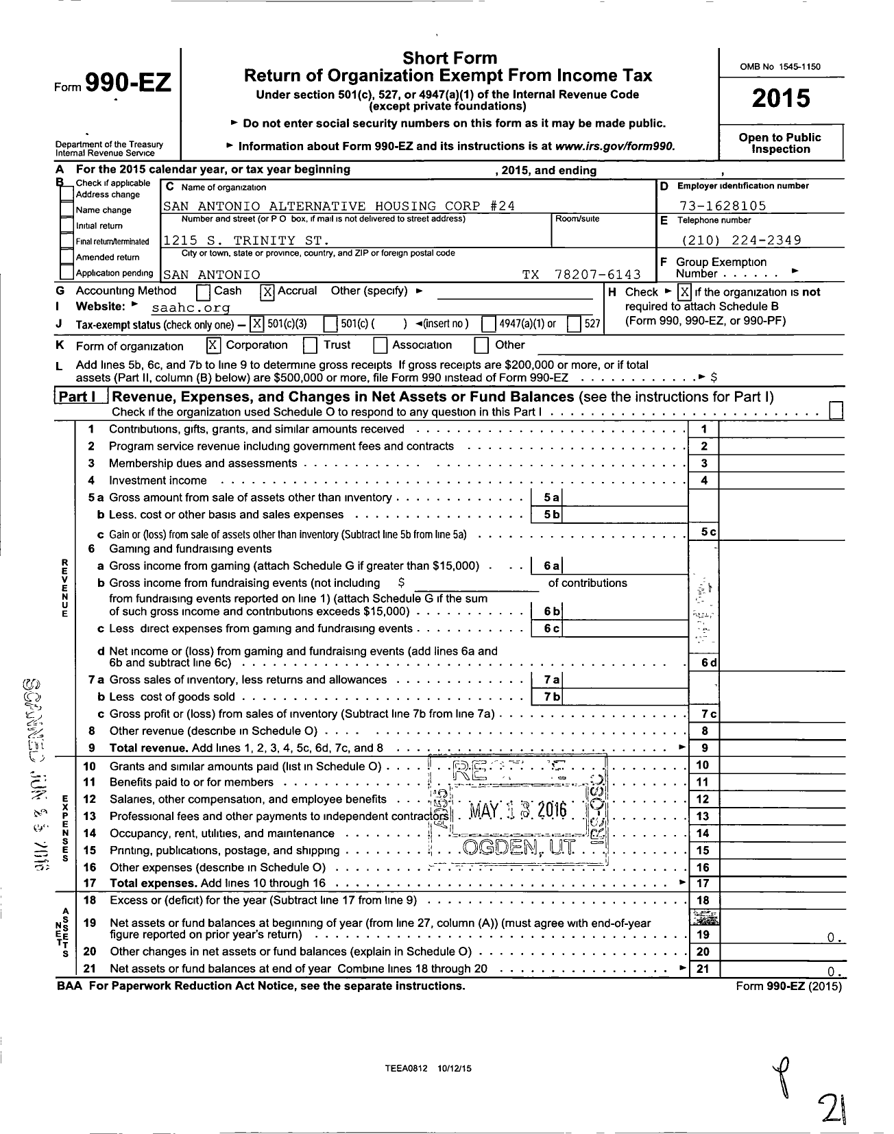 Image of first page of 2015 Form 990EZ for San Antonio Alternative Housing Corp #24